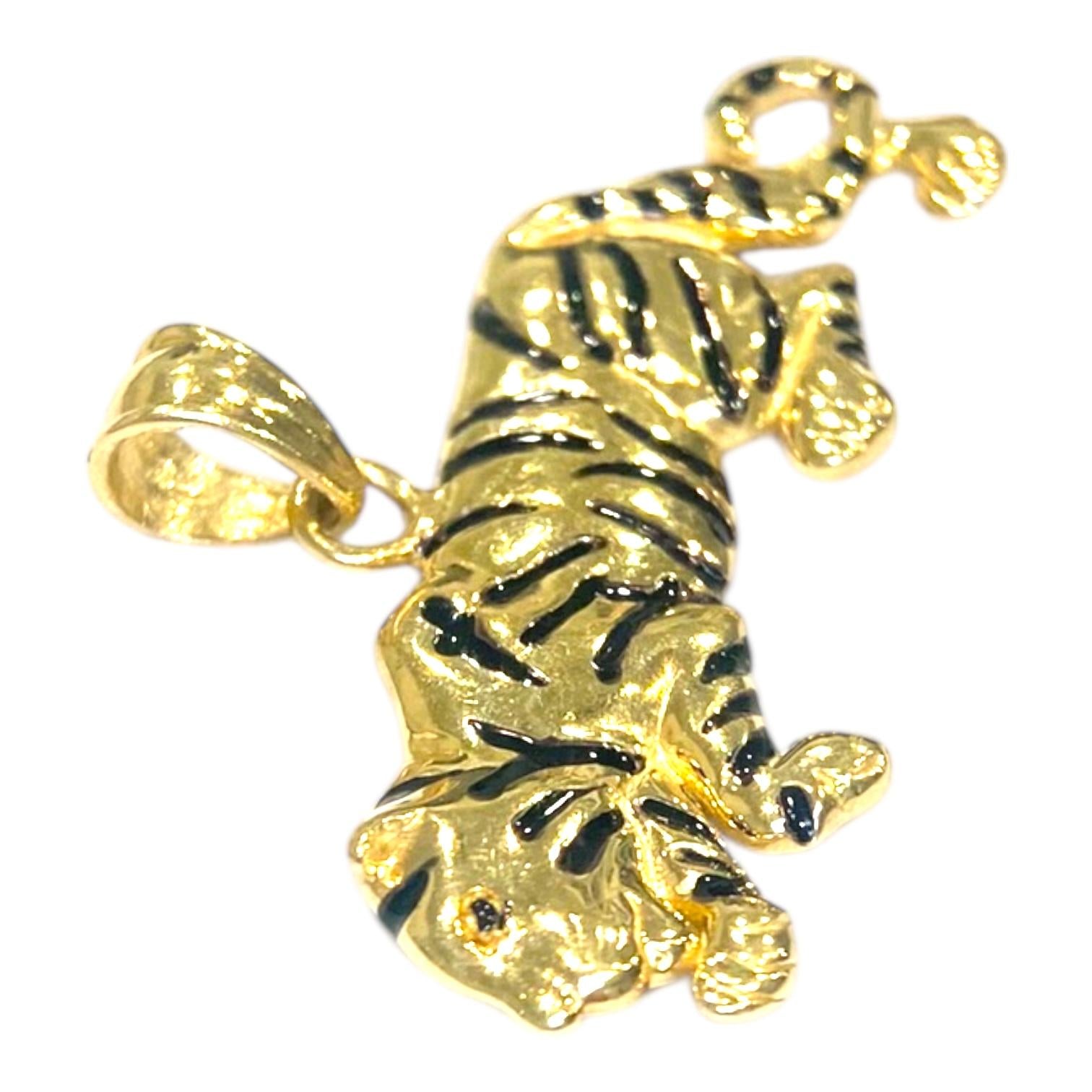 Vintage 14K Yellow Gold Black Enamel Tiger Pendant