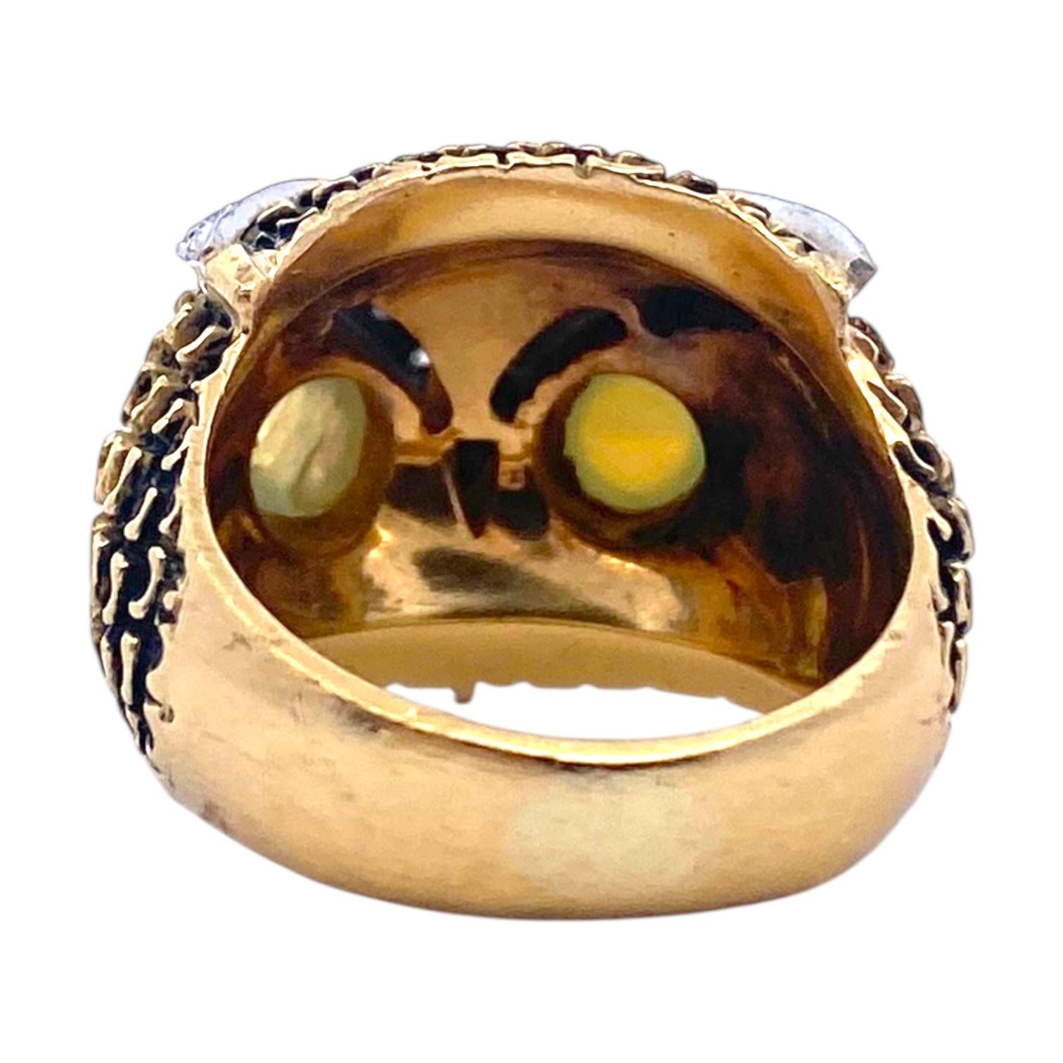 Vintage 18K Gold Diamond Owl Ring with Chrysoberyl Eyes