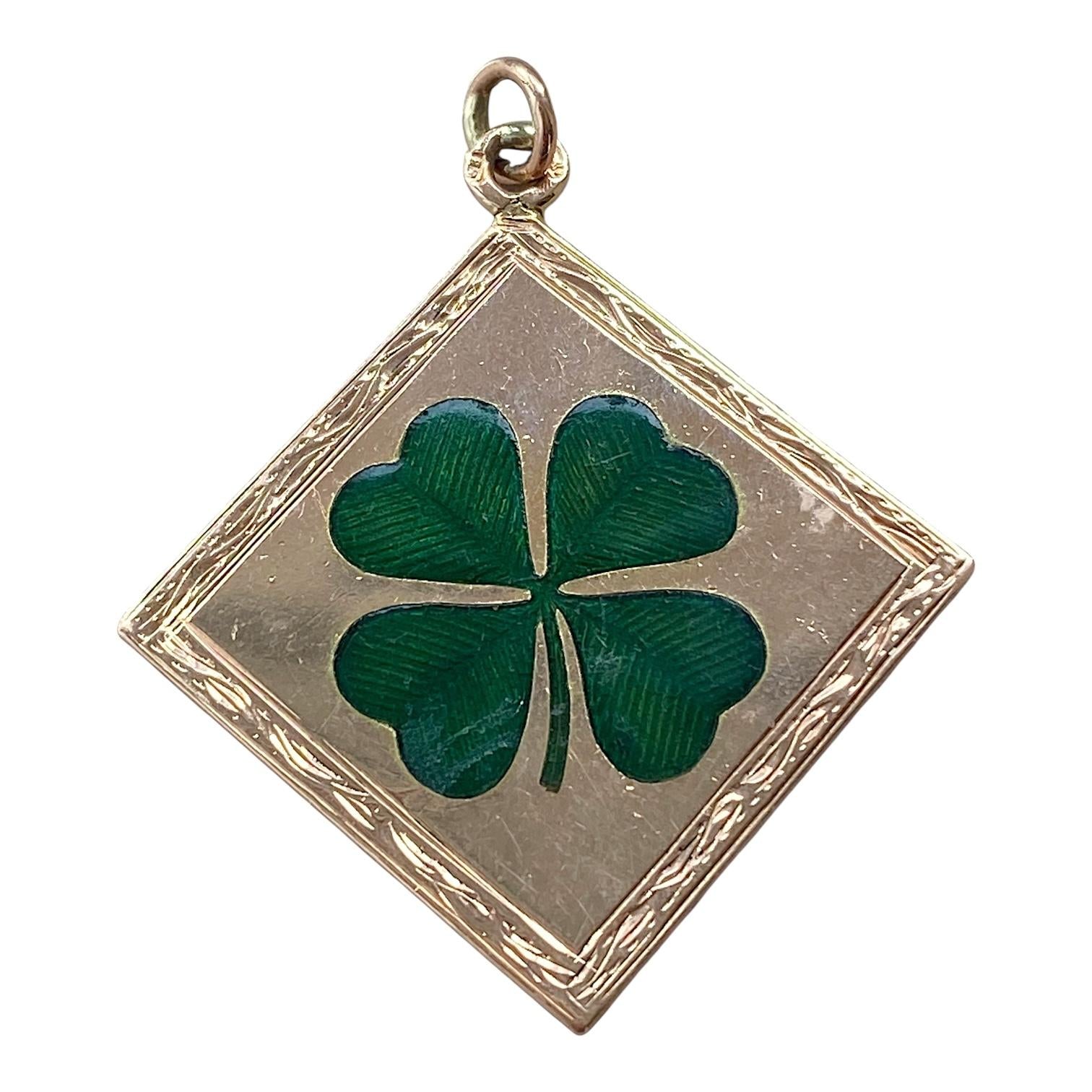 Antique 14K Rose Gold Enamel Four Leaf Clover Charm Pendant