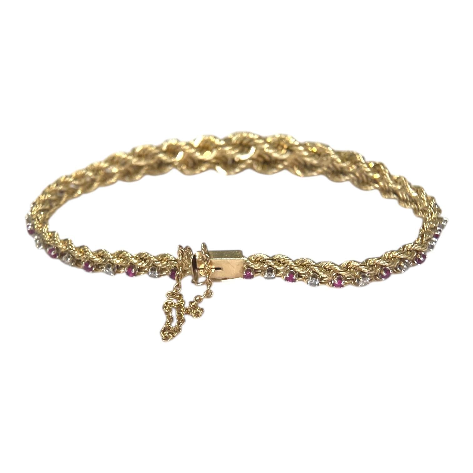 Vintage 14K Yellow Gold Ruby & Diamond Graduating Rope Bracelet