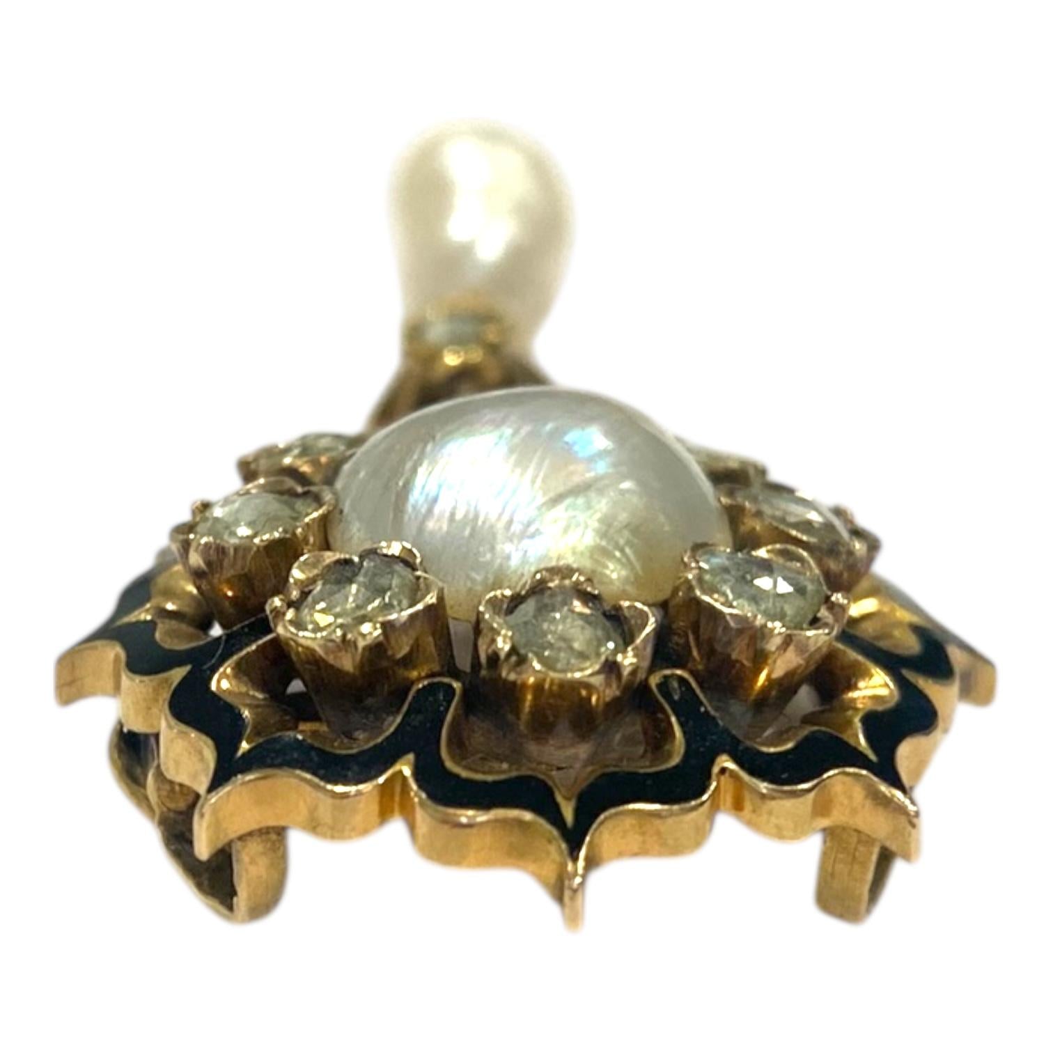 Antique 14K Pearl Diamond Enamel Brooch Pendant