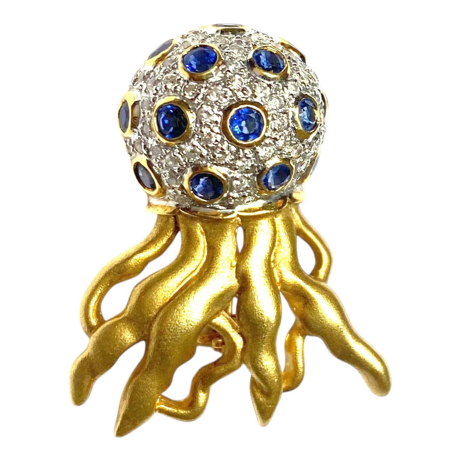 LeVian 18K Sapphire Diamond Jelly Fish Brooch