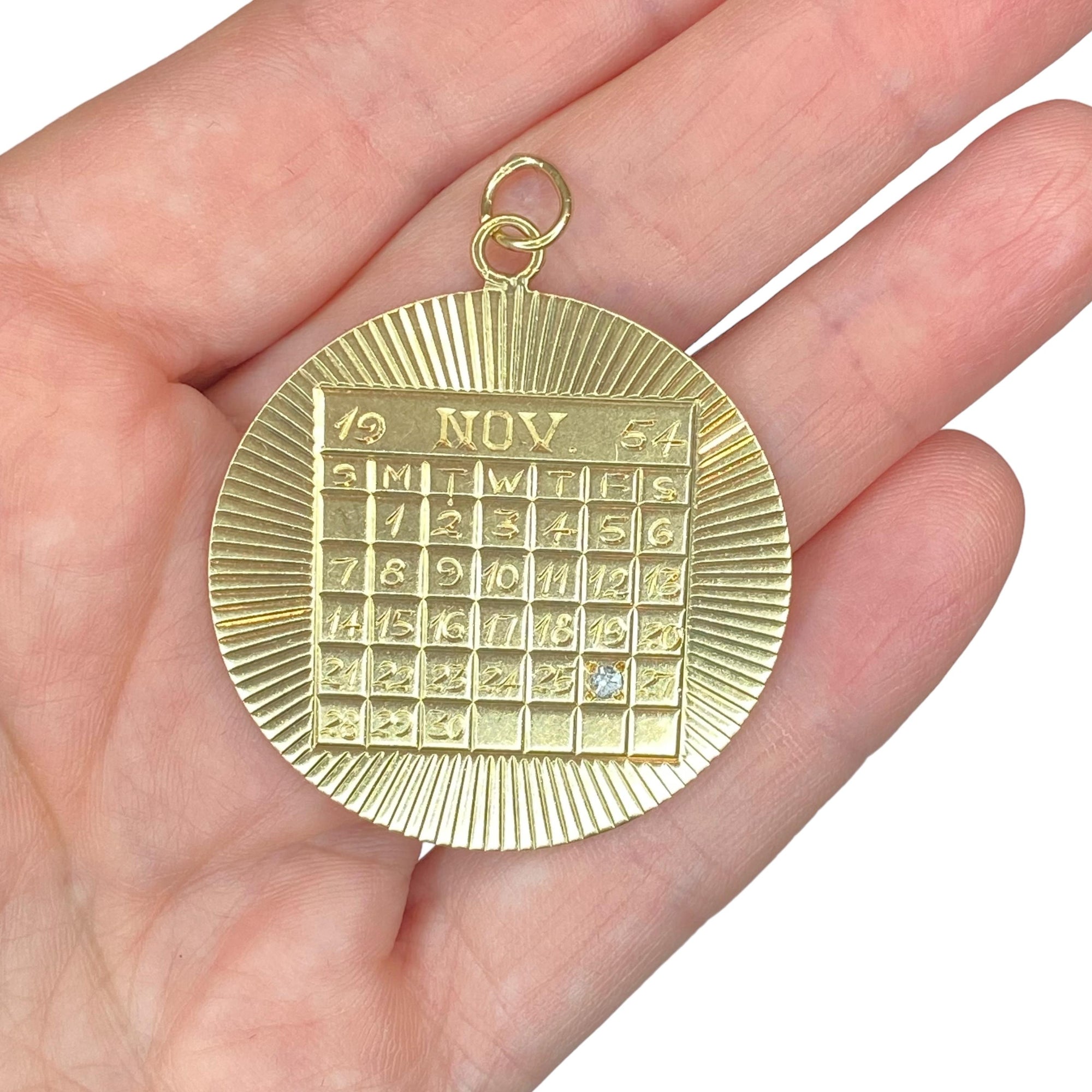 Large 14K Engine Turn Calendar Disc Pendant with Diamond