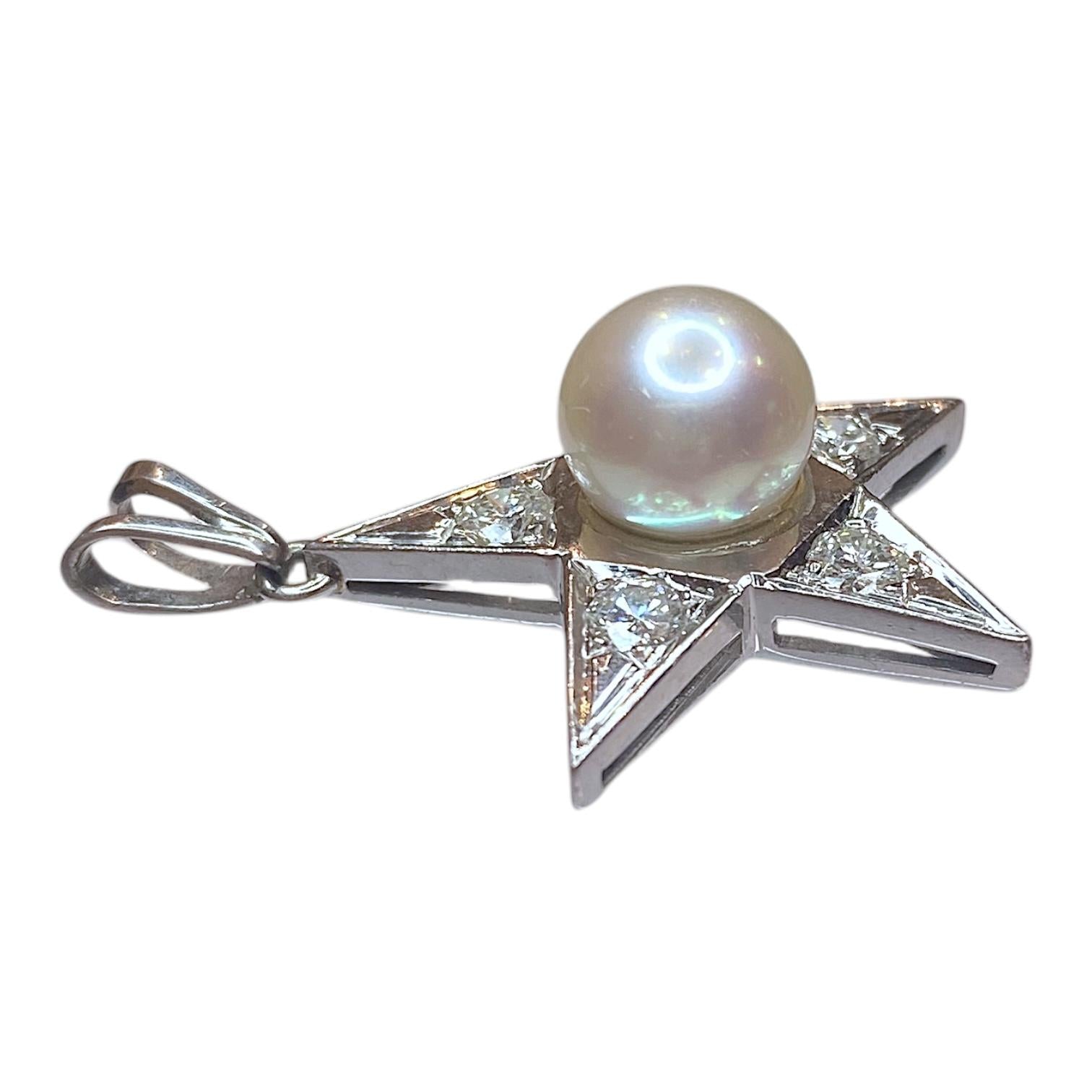 Vintage 18K White Gold Pearl & Diamond Star Pendant