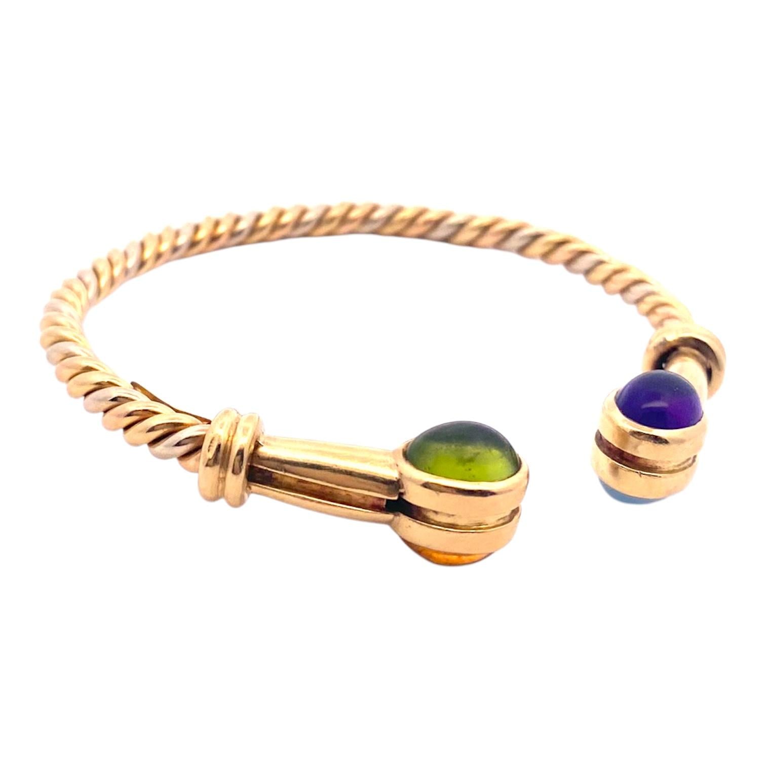 Vintage 18K Gold Multi Gemstone Twisted Bangle Bracelet
