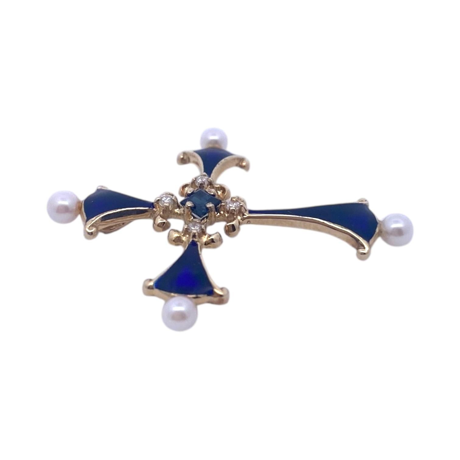 Vintage 14K Sapphire Diamond Pearl Enamel Cross Pendant