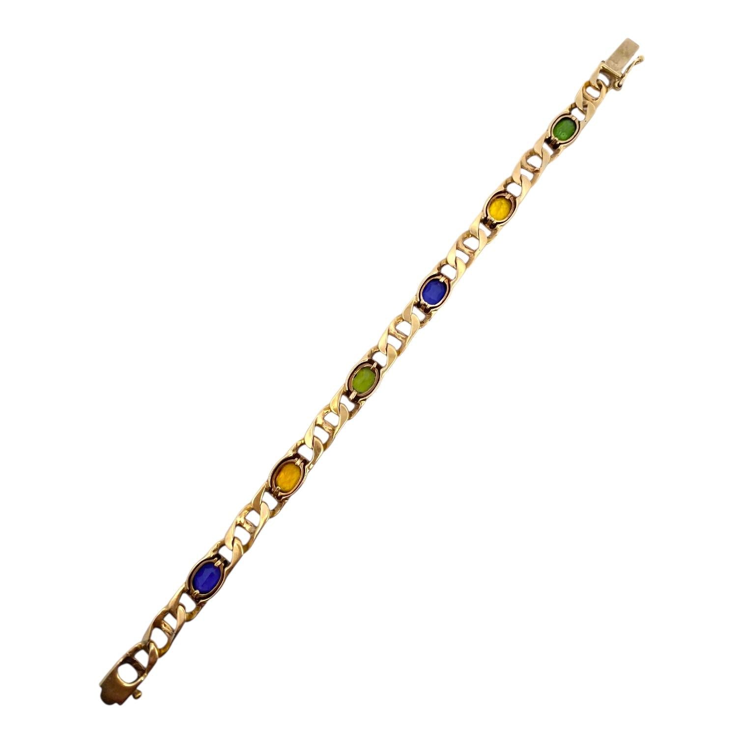Vintage 14K Gold Multi Gemstone Flat Mariner Links Bracelet