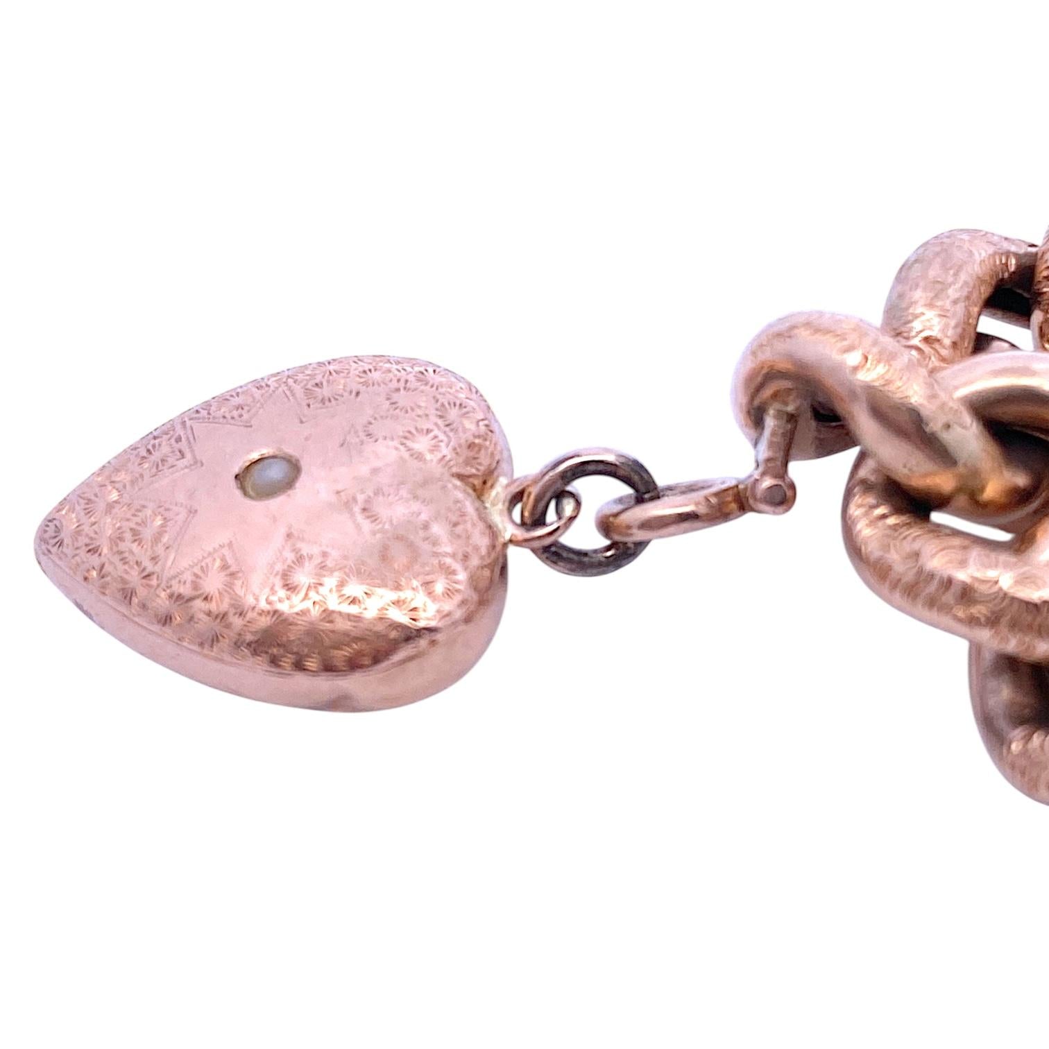 Antique 14K Rose Gold Curb-Link Heart Charm Bracelet