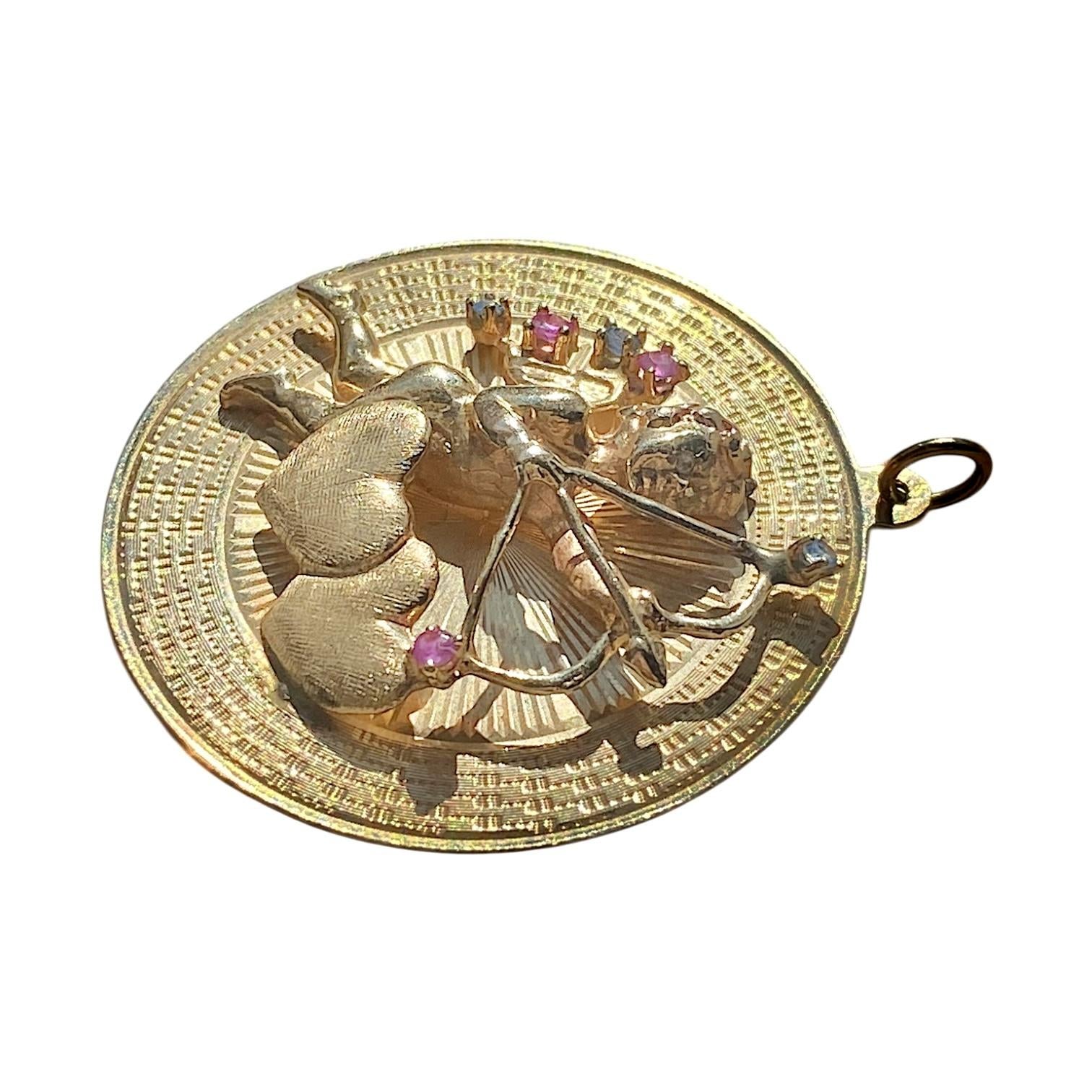 Vintage 10K Cupid and Hearts Large Disc Charm Pendant