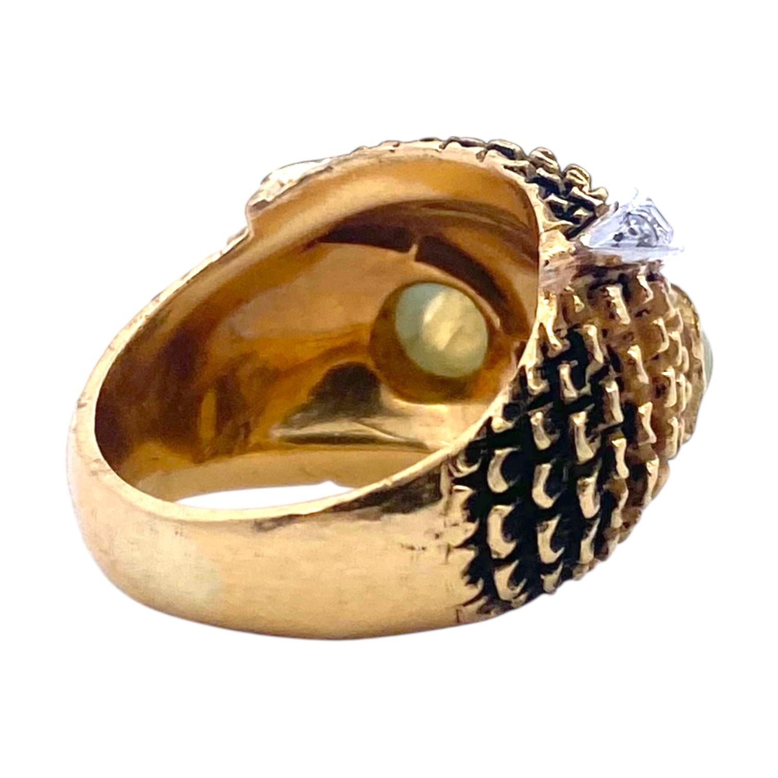 Vintage 18K Gold Diamond Owl Ring with Chrysoberyl Eyes