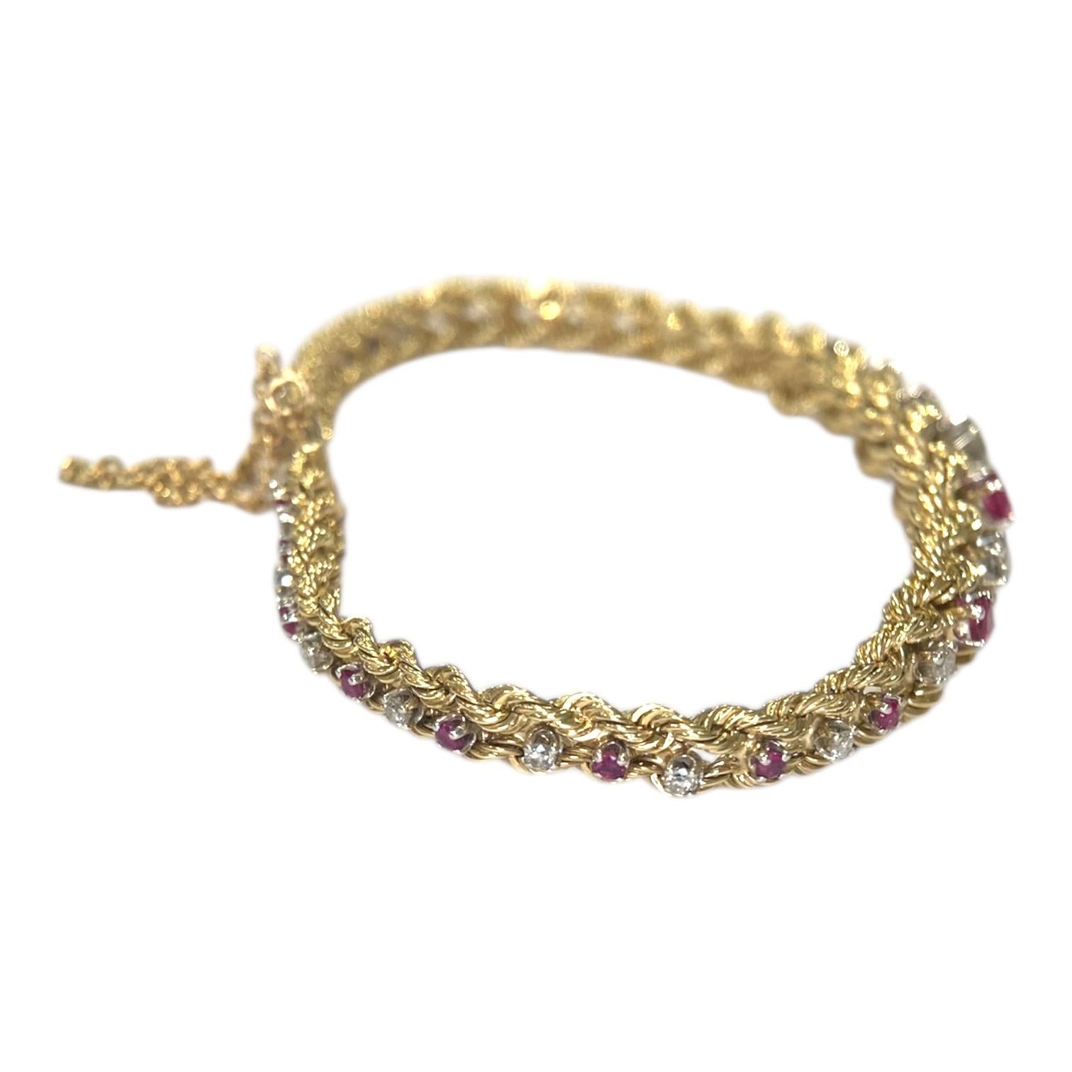 Vintage 14K Yellow Gold Ruby & Diamond Graduating Rope Bracelet