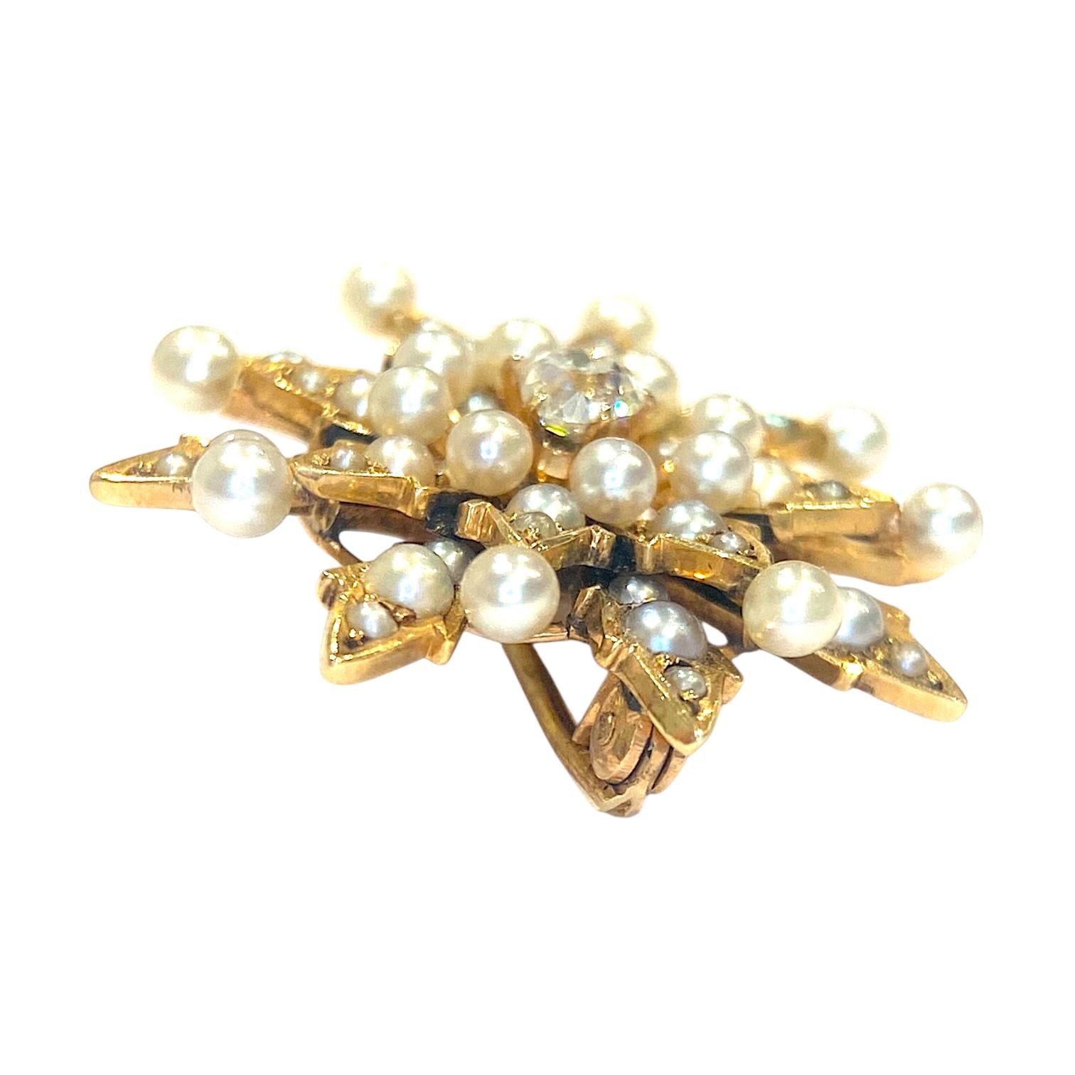 Antique 14K Gold Diamond and Pearl Starburst Brooch