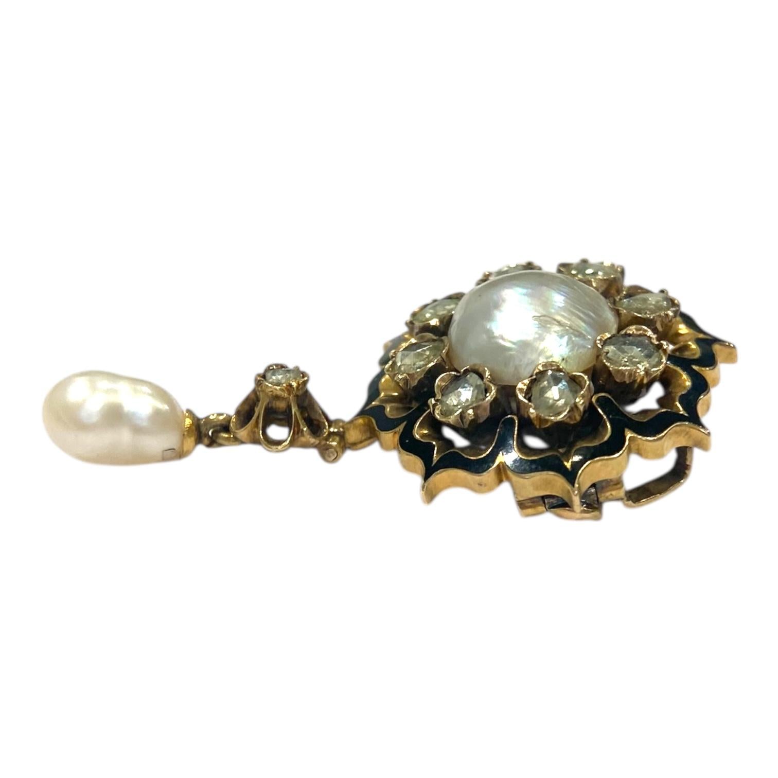 Antique 14K Pearl Diamond Enamel Brooch Pendant