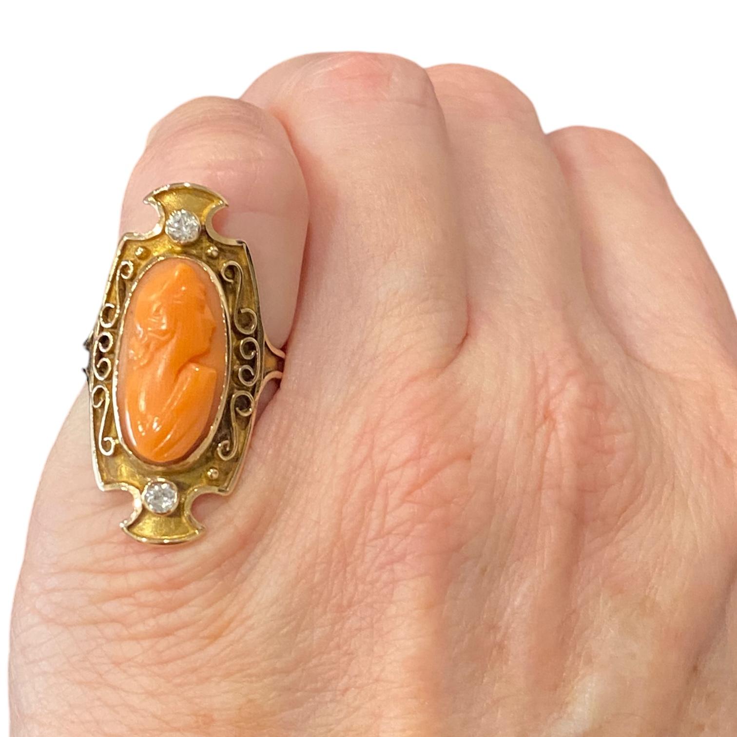 Antique 14K Gold Coral Cameo & Diamond Ring