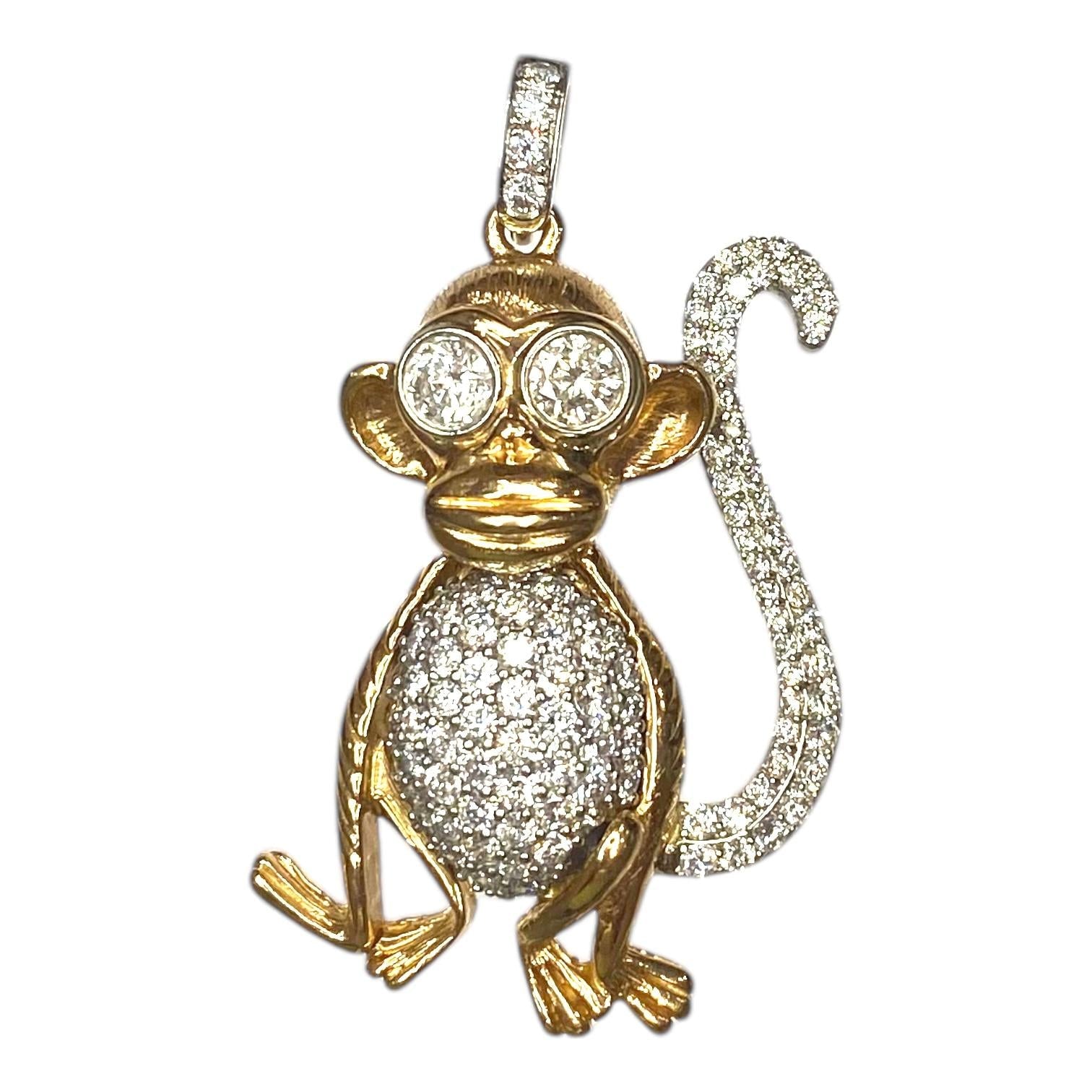 Large 14K Gold and Diamond Monkey Pendant