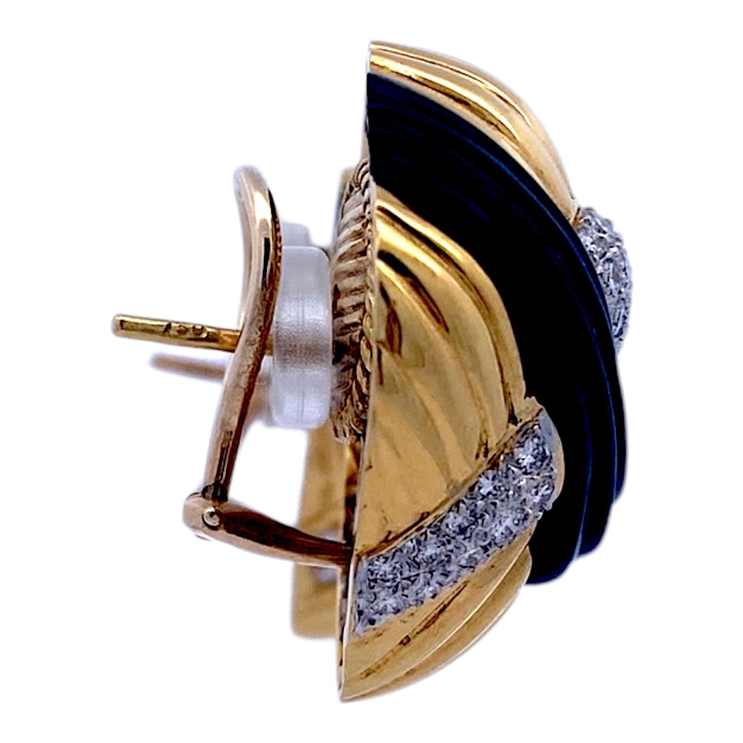 Vintage 18K Carved Onyx and Diamond Dome Earrings