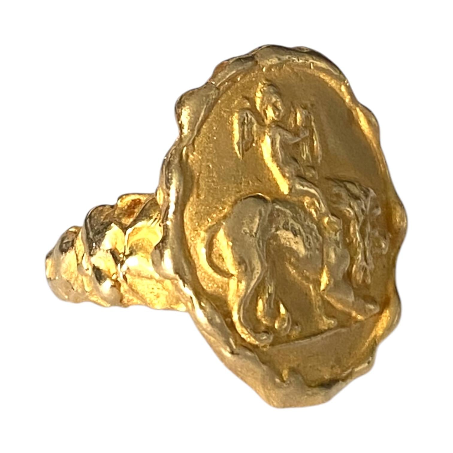 Vintage 14K Yellow Gold Cupid and Lion Ring
