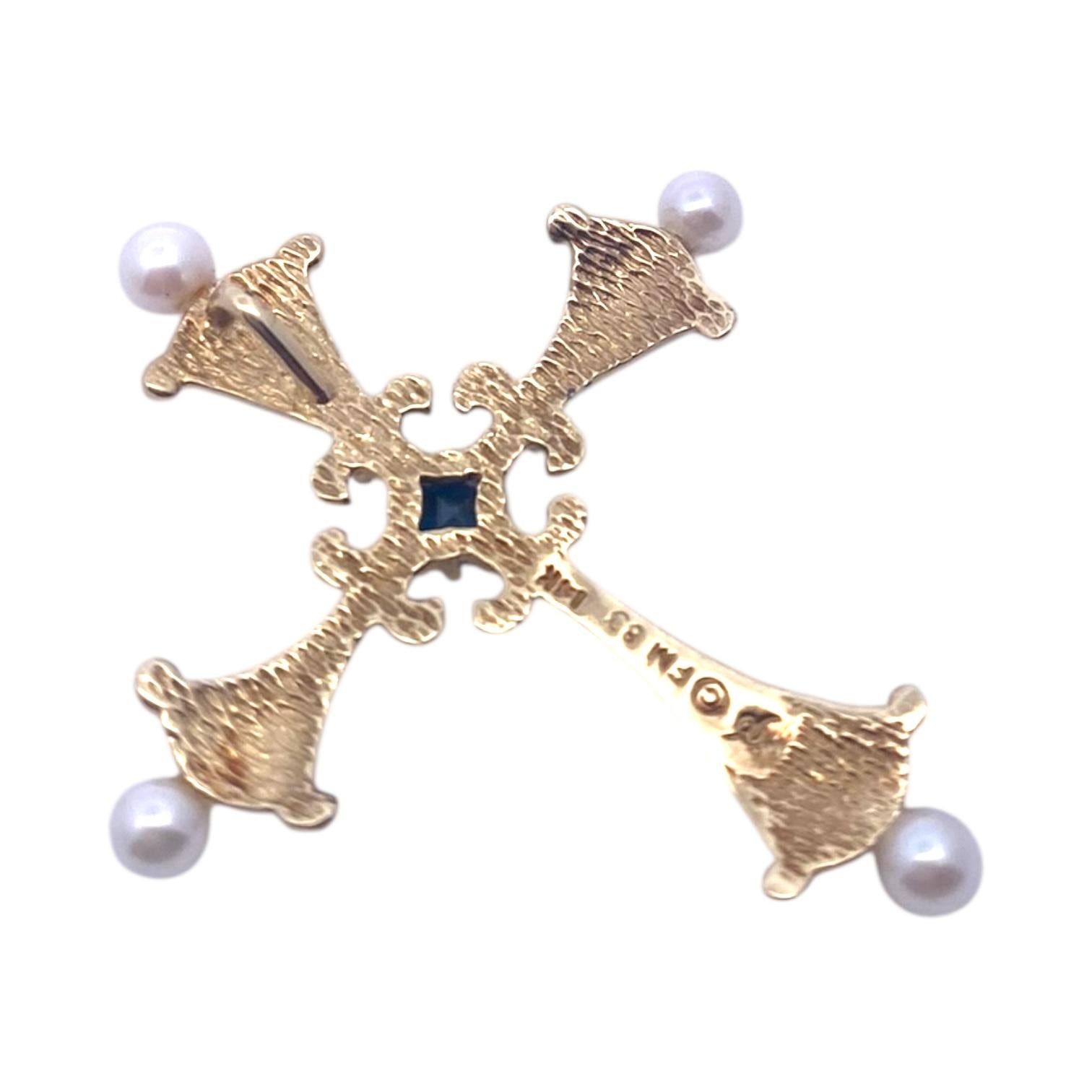 Vintage 14K Sapphire Diamond Pearl Enamel Cross Pendant