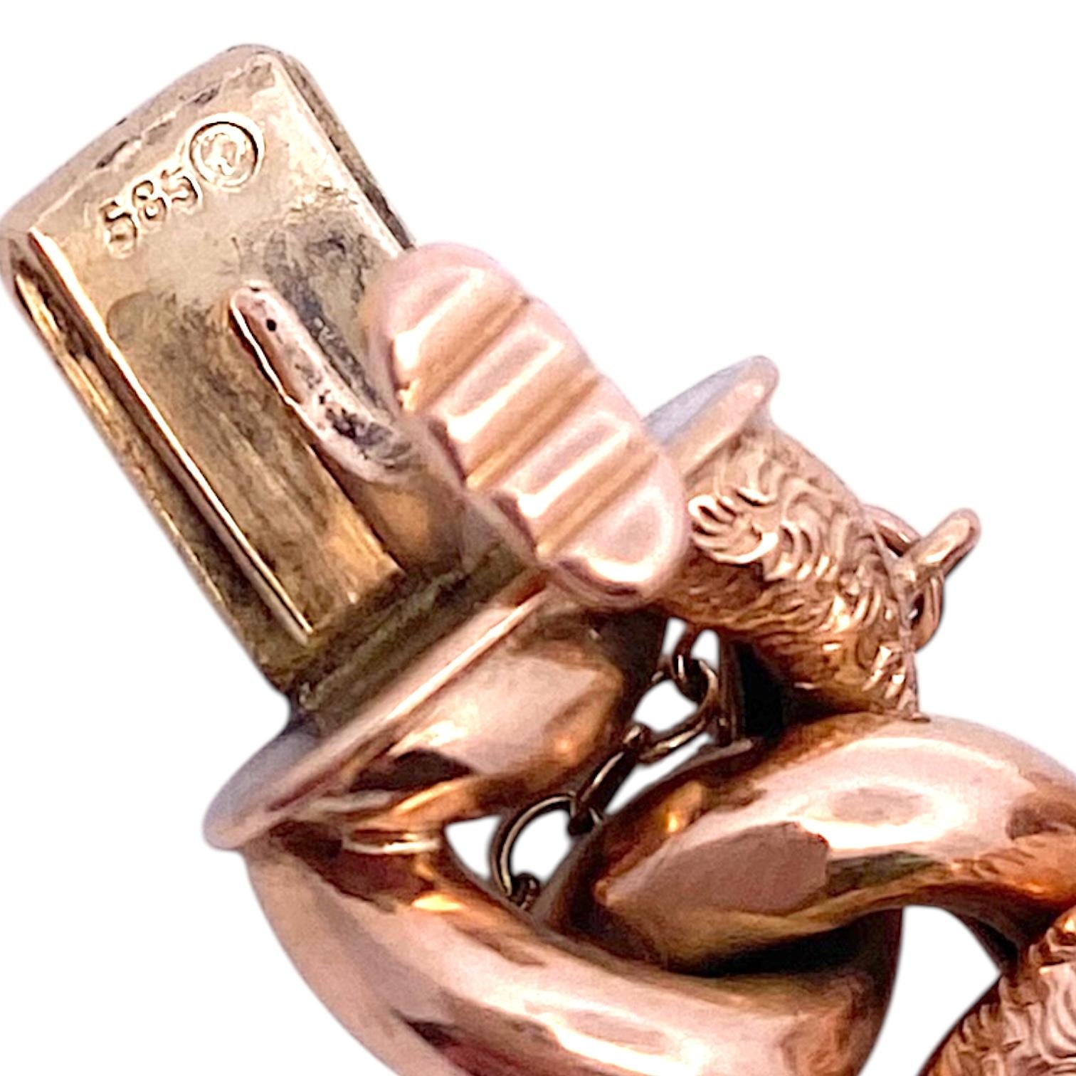 Antique 14K Rose Gold Curb-Link Heart Charm Bracelet