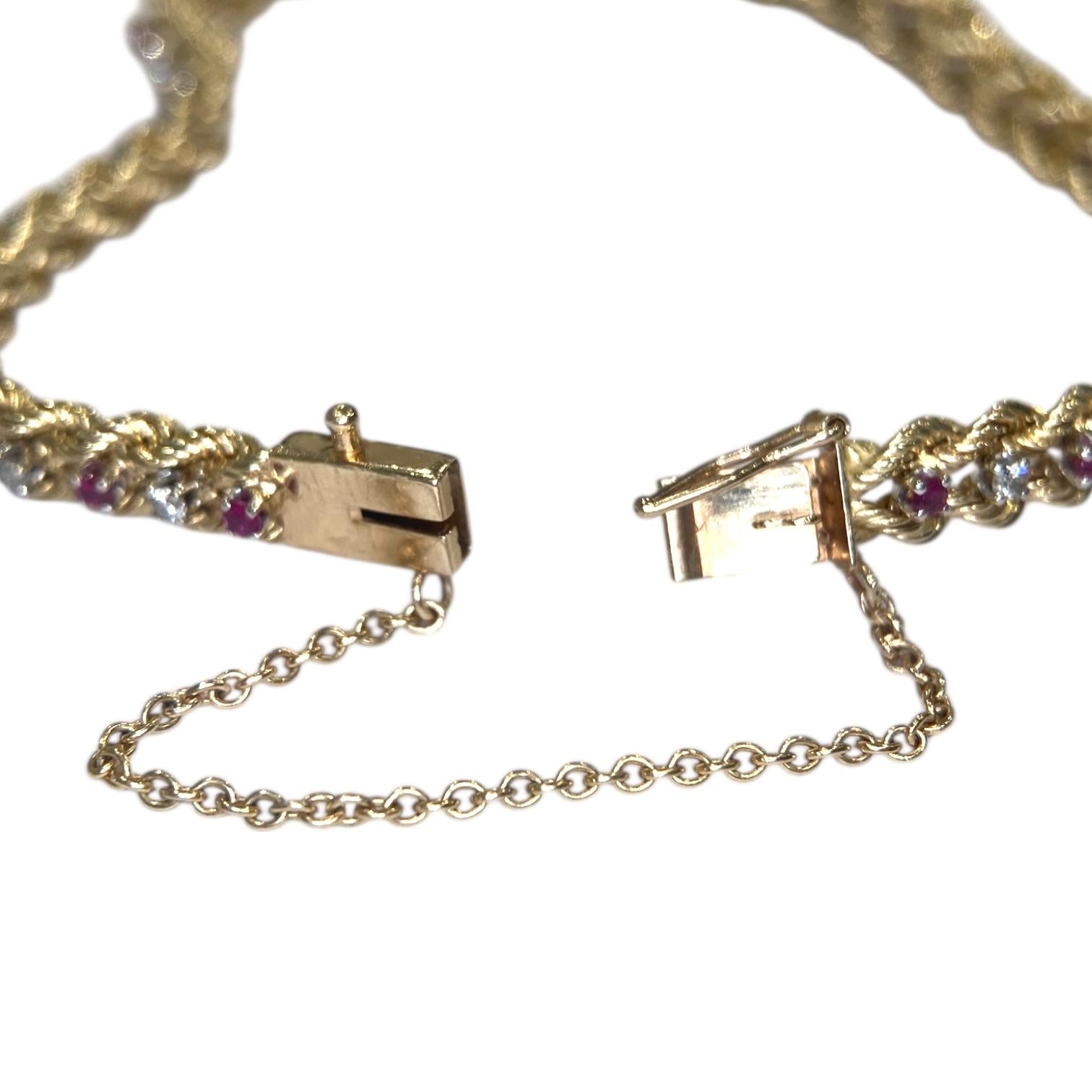 Vintage 14K Yellow Gold Ruby & Diamond Graduating Rope Bracelet