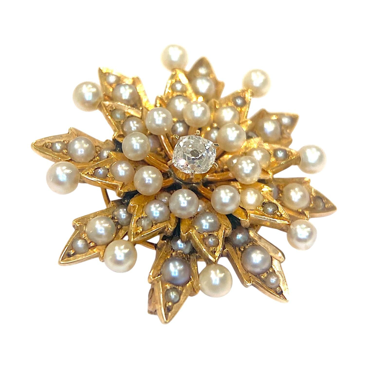 Antique 14K Gold Diamond and Pearl Starburst Brooch