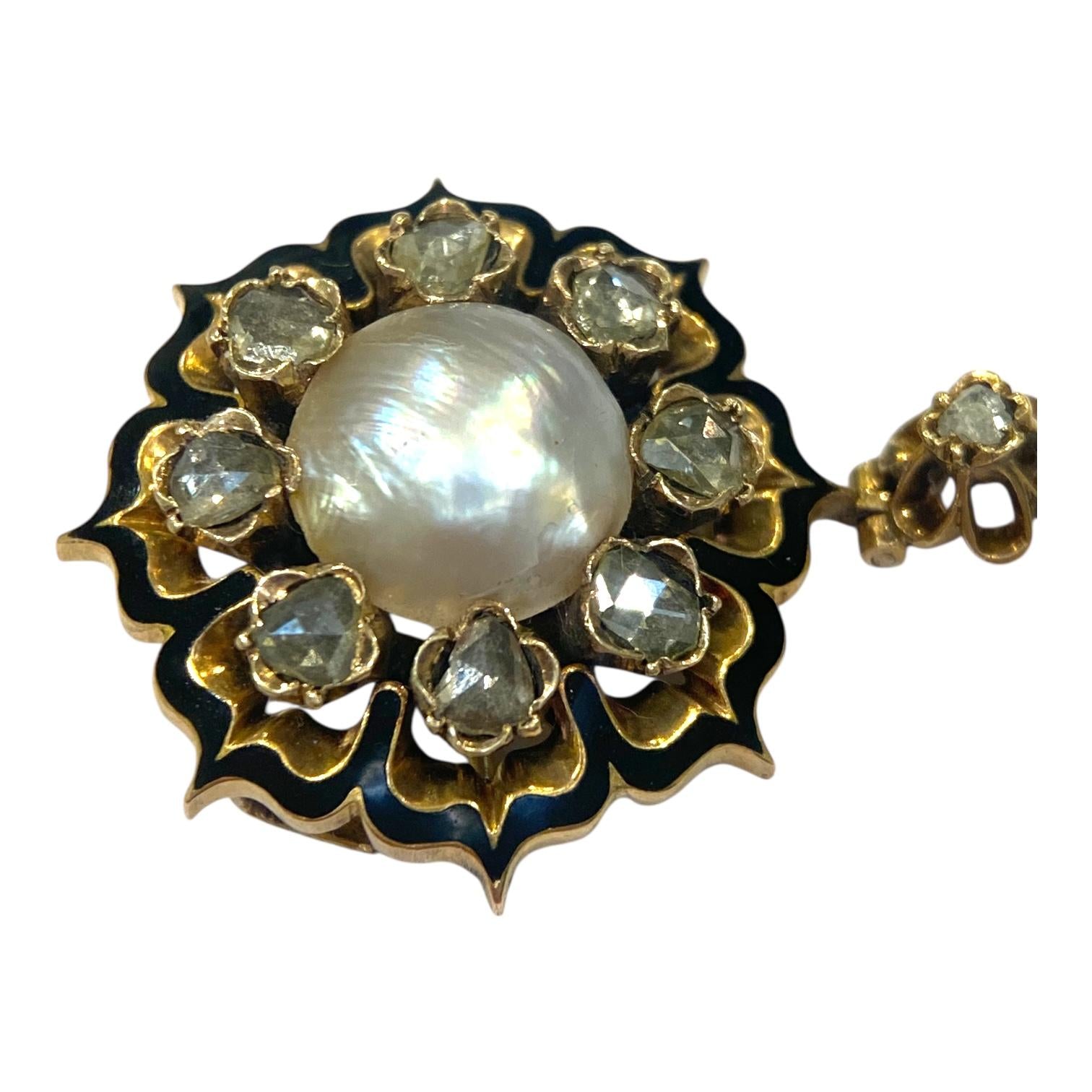 Antique 14K Pearl Diamond Enamel Brooch Pendant
