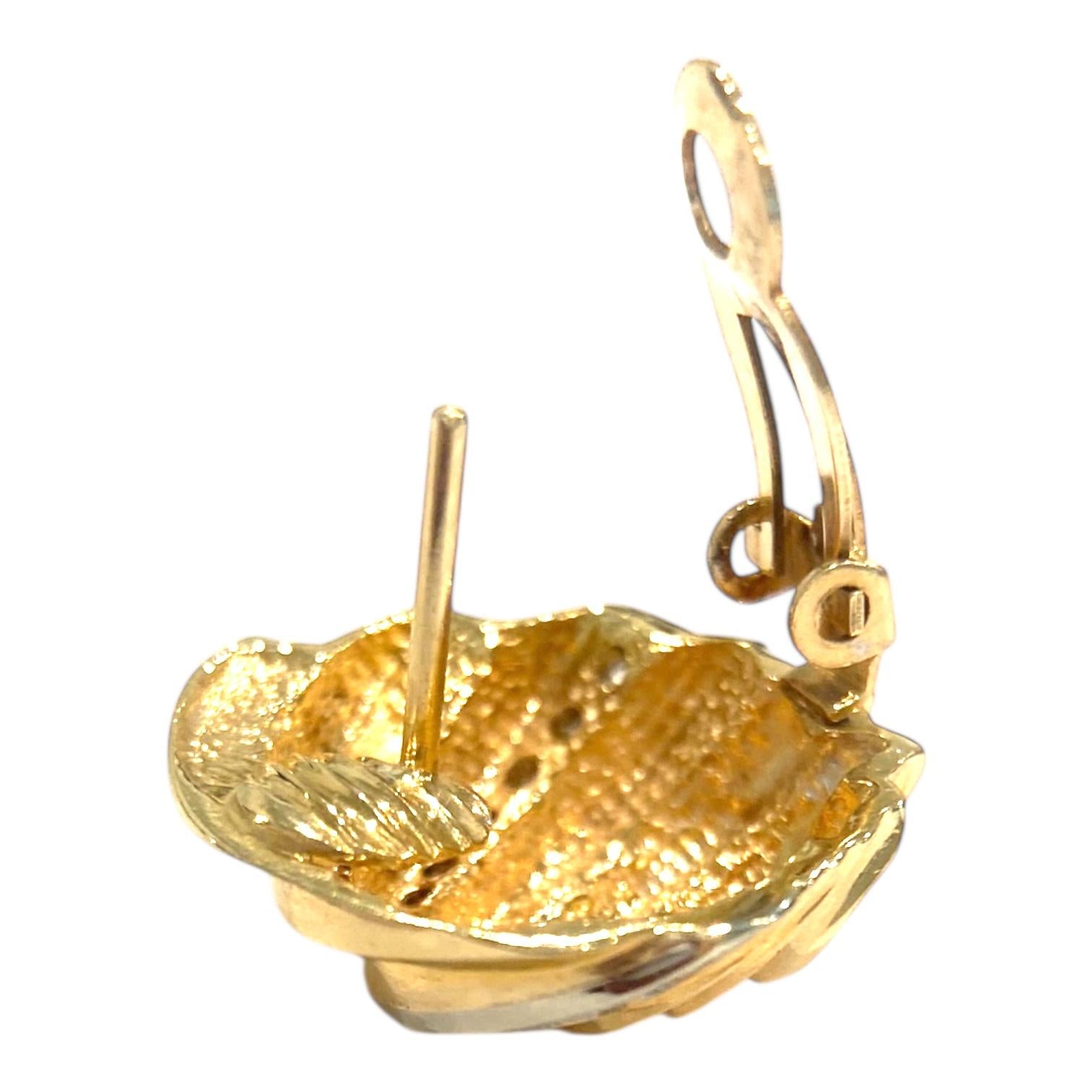 Vintage 14K Yellow Gold Diamond Sea Shell Earrings