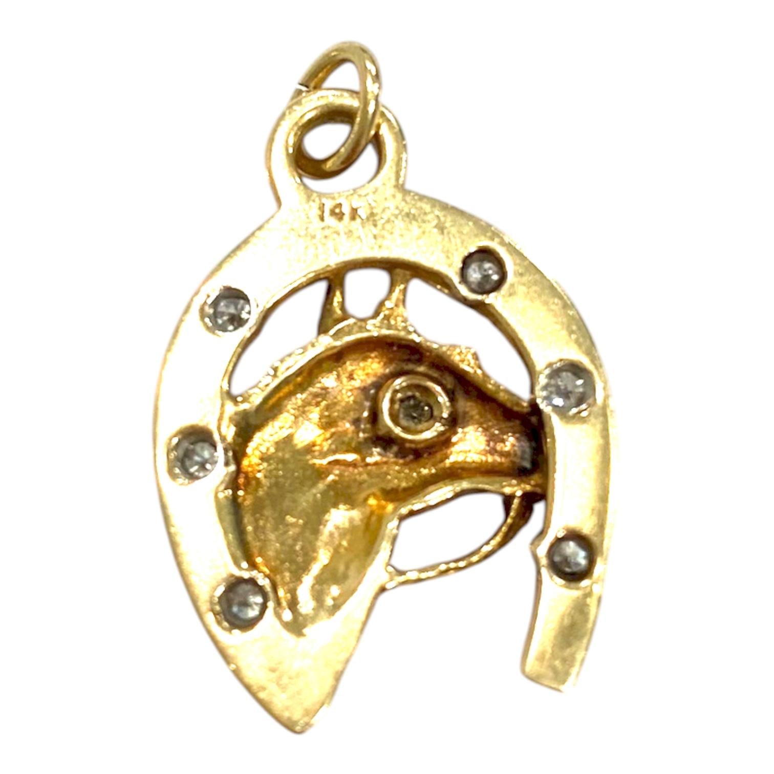 Vintage 14K Diamond Set Horseshoe with Horse Head Pendant