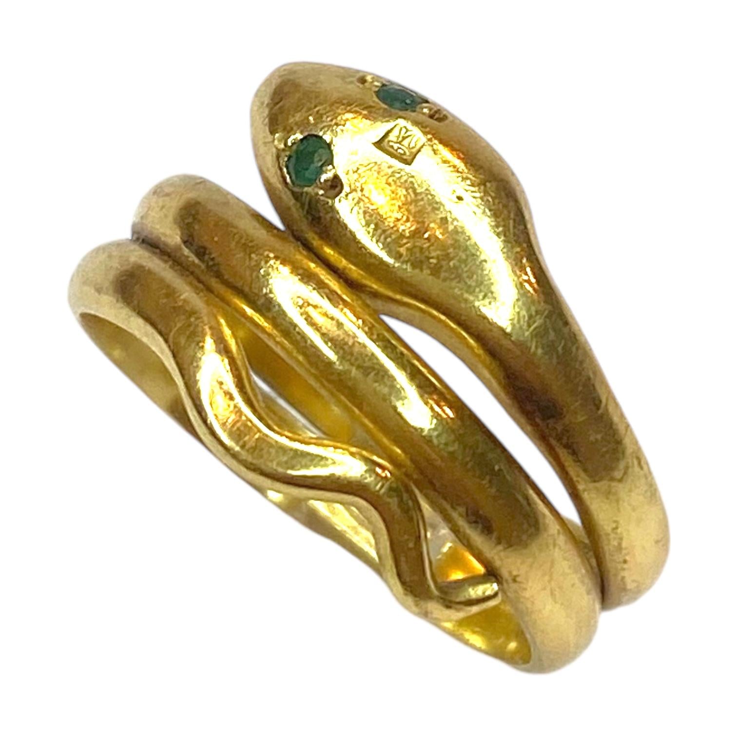 Vintage 18K Snake Ring with Emerald Eyes - HIGH KARAT LLC