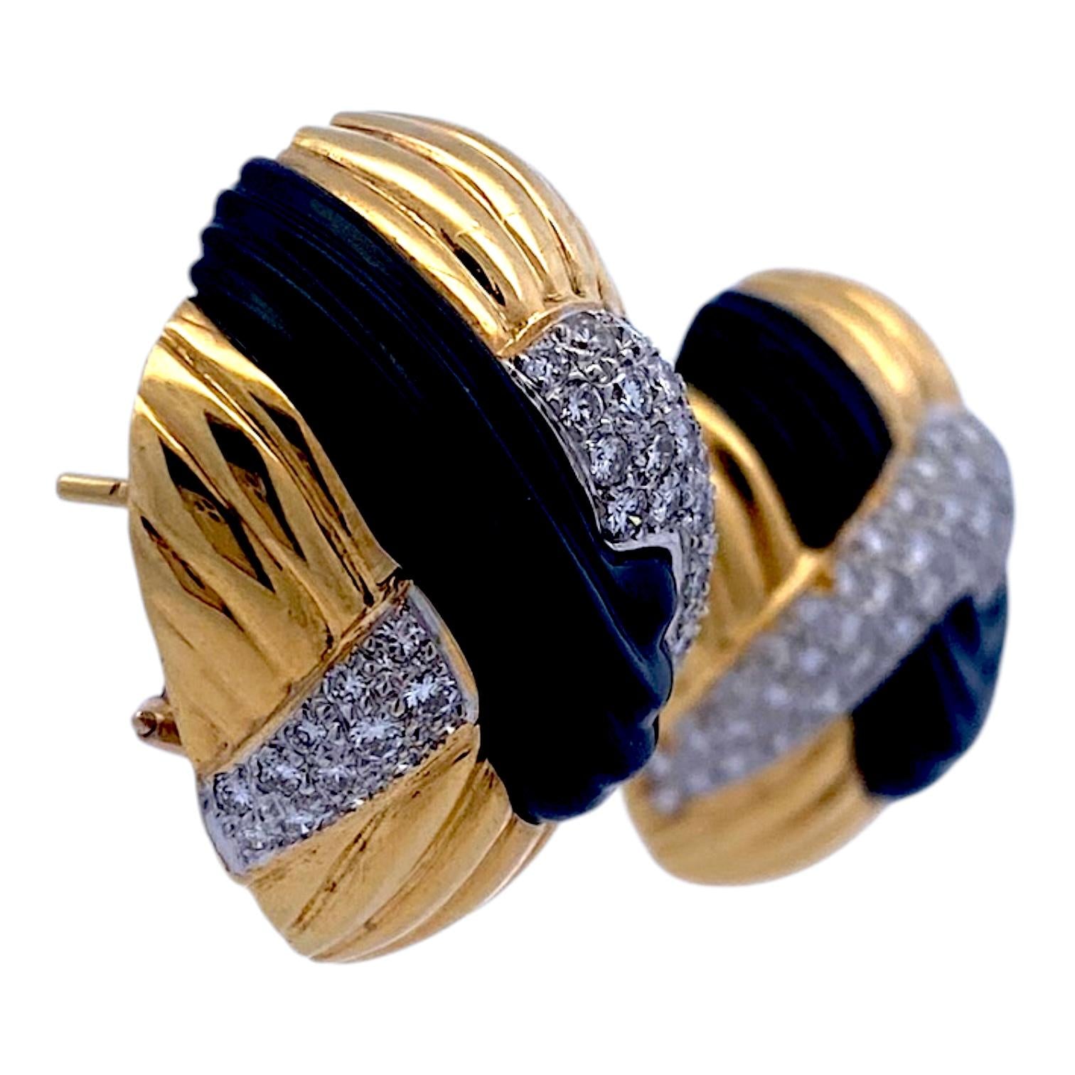 Vintage 18K Carved Onyx and Diamond Dome Earrings