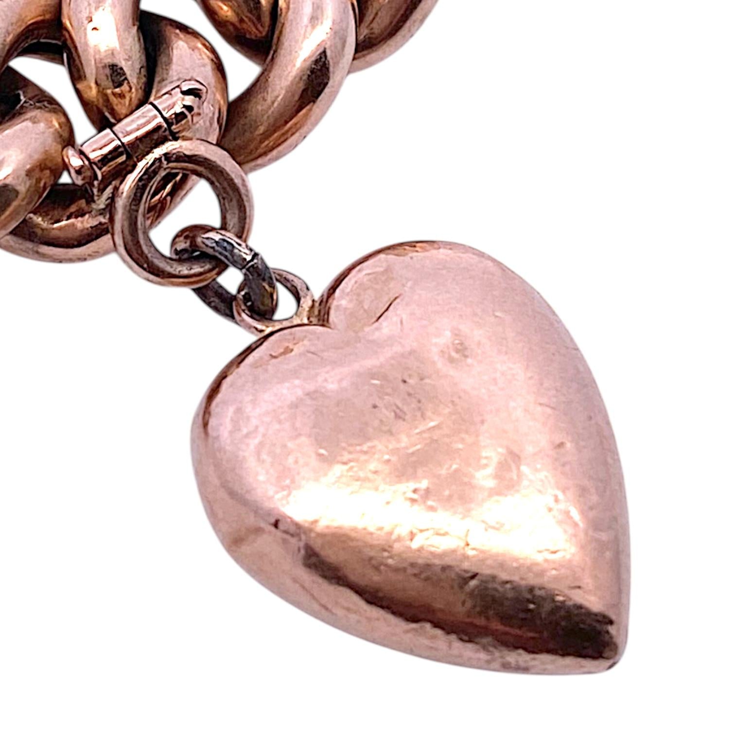 Antique 14K Rose Gold Curb-Link Heart Charm Bracelet