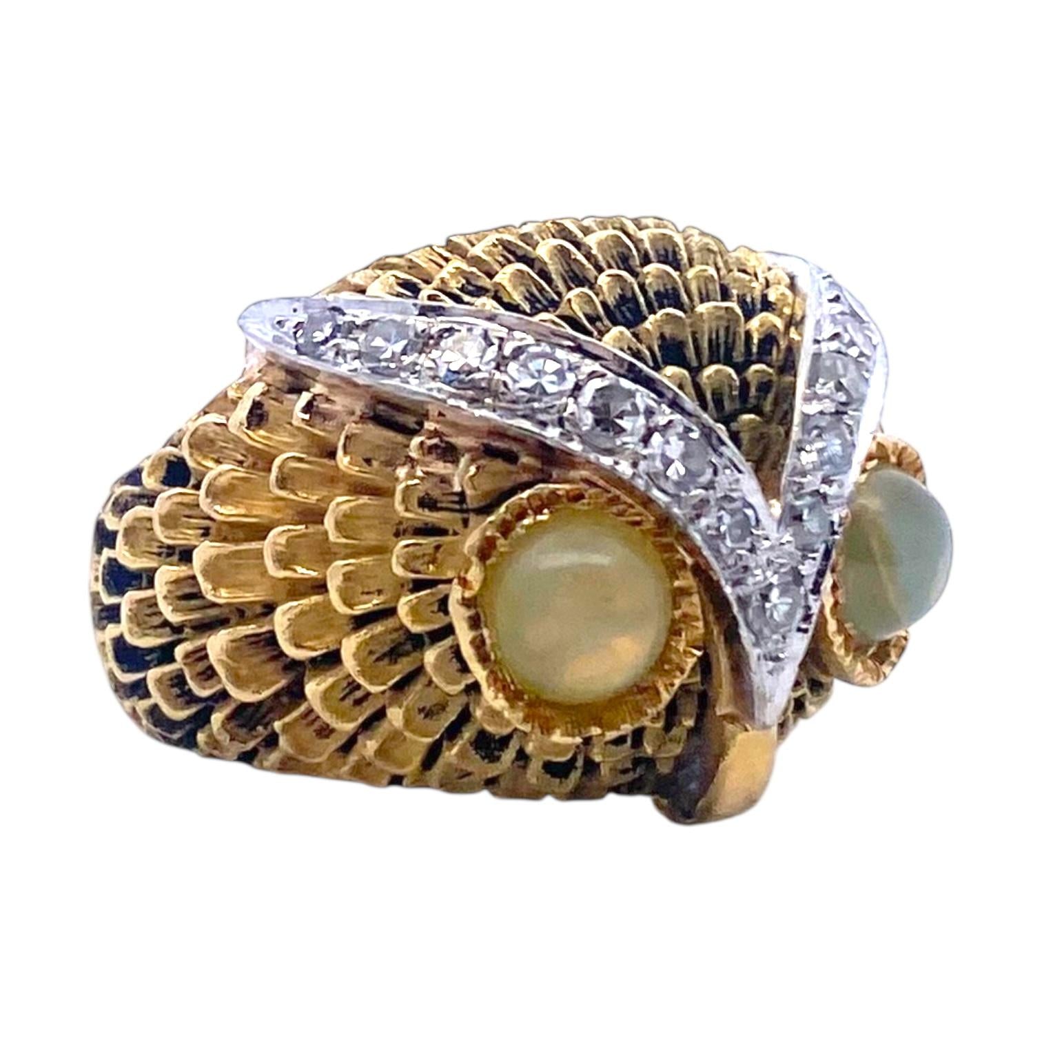 Vintage 18K Gold Diamond Owl Ring with Chrysoberyl Eyes