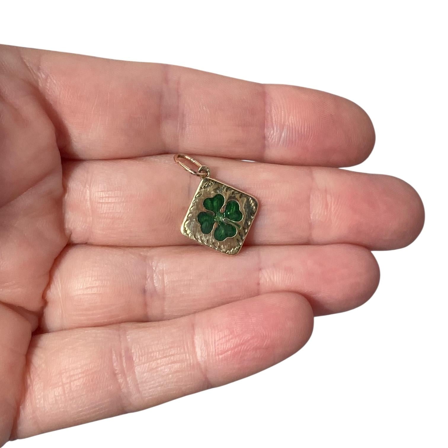 Antique 14K Yellow Gold Enamel Four Leaf Clover Charm Pendant