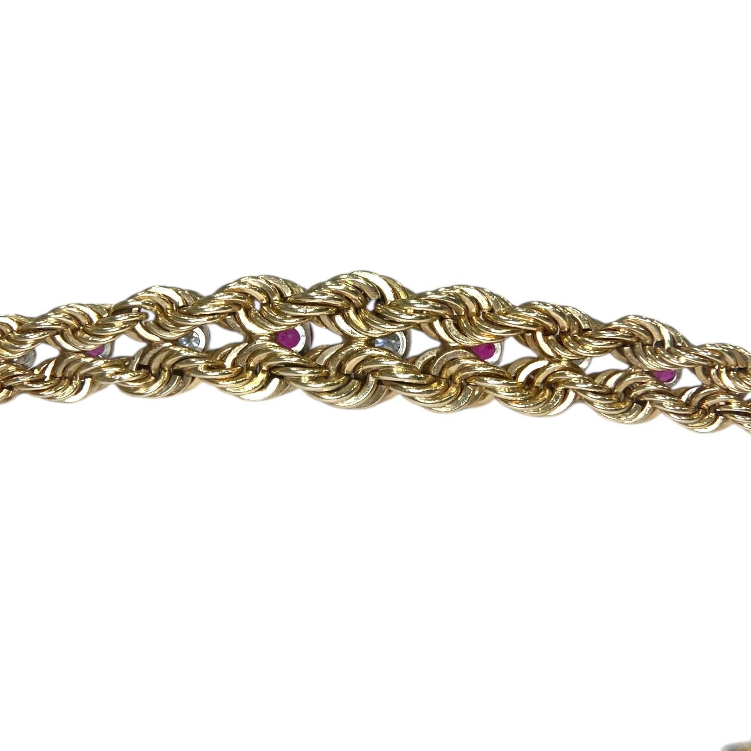 Vintage 14K Yellow Gold Ruby & Diamond Graduating Rope Bracelet