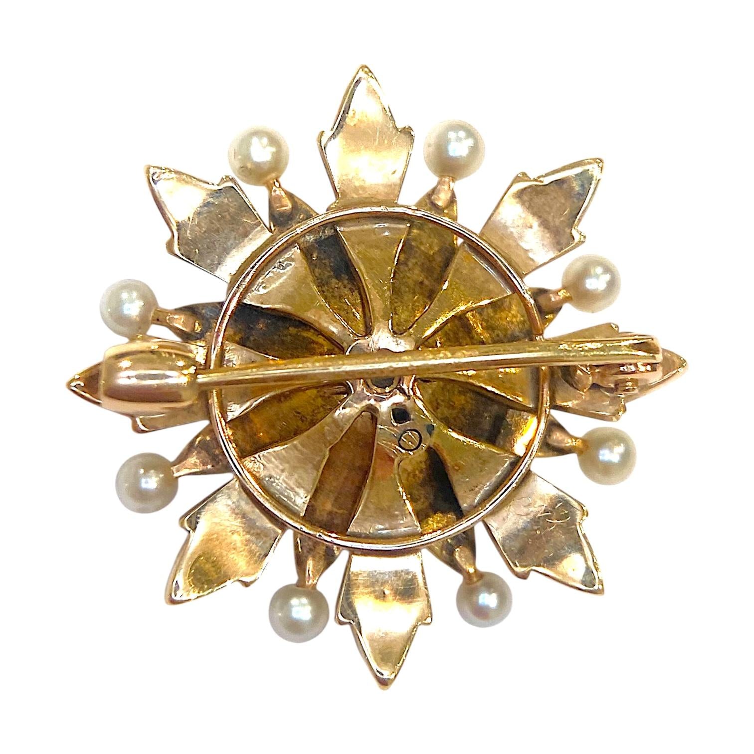 Antique 14K Gold Diamond and Pearl Starburst Brooch