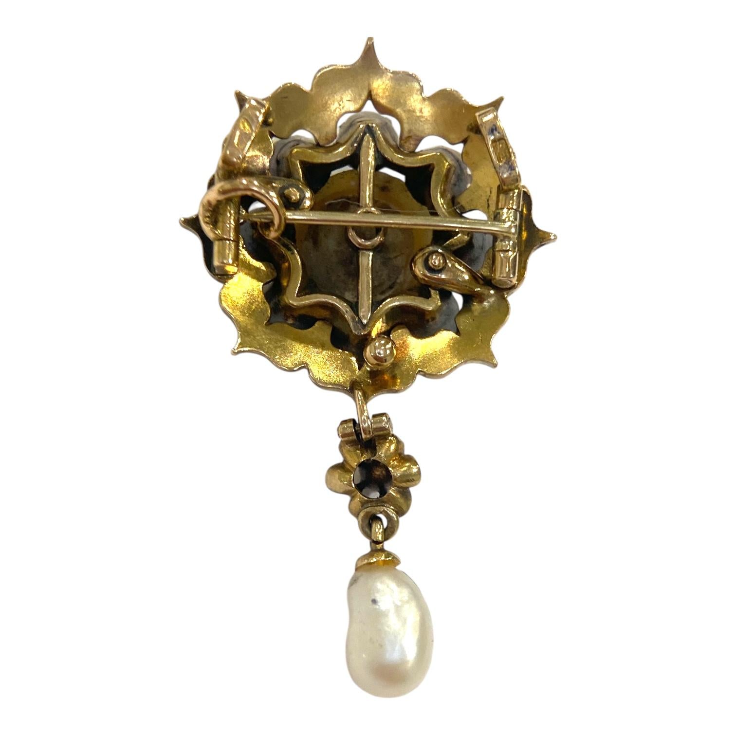 Antique 14K Pearl Diamond Enamel Brooch Pendant
