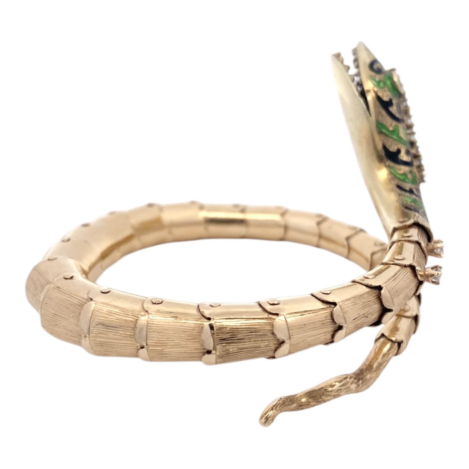 Vintage 14K Enamel & Diamond Articulated Snake Bracelet