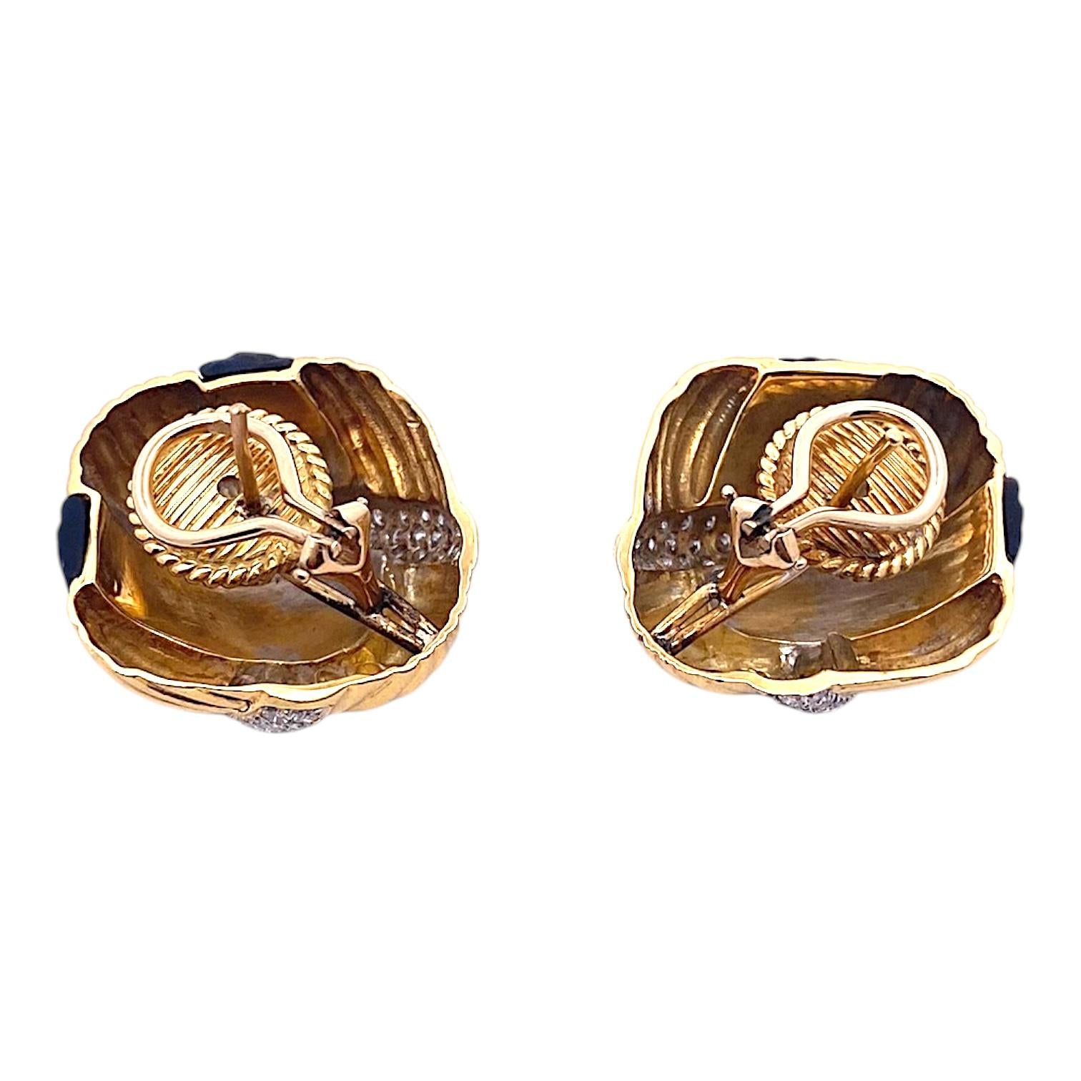 Vintage 18K Carved Onyx and Diamond Dome Earrings