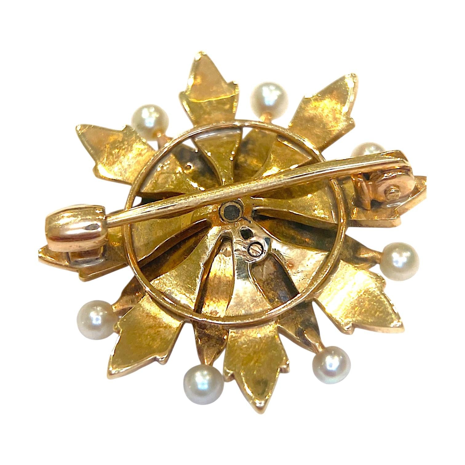 Antique 14K Gold Diamond and Pearl Starburst Brooch