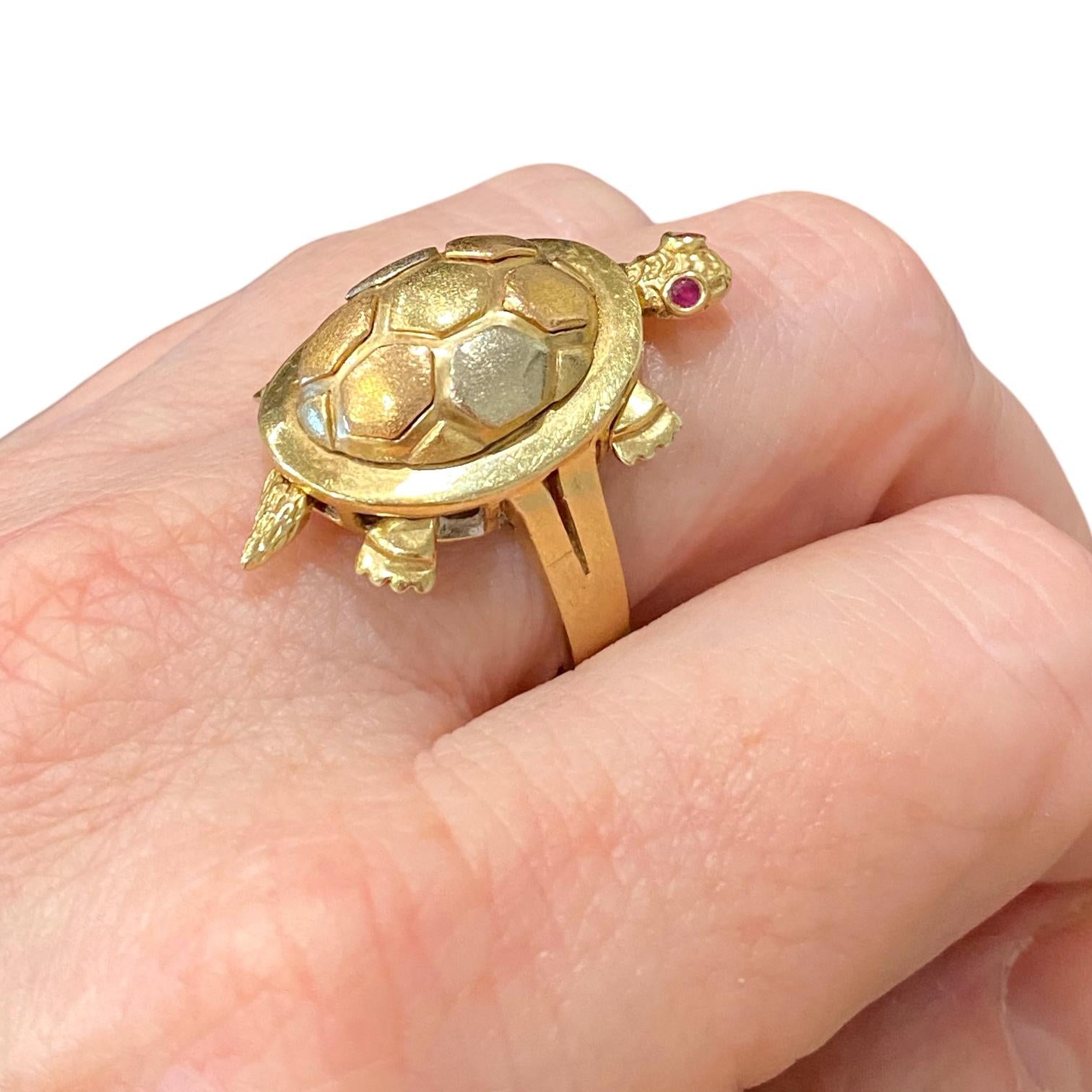 Large 14K Articulating Turtle Ring with Ruby Eyes