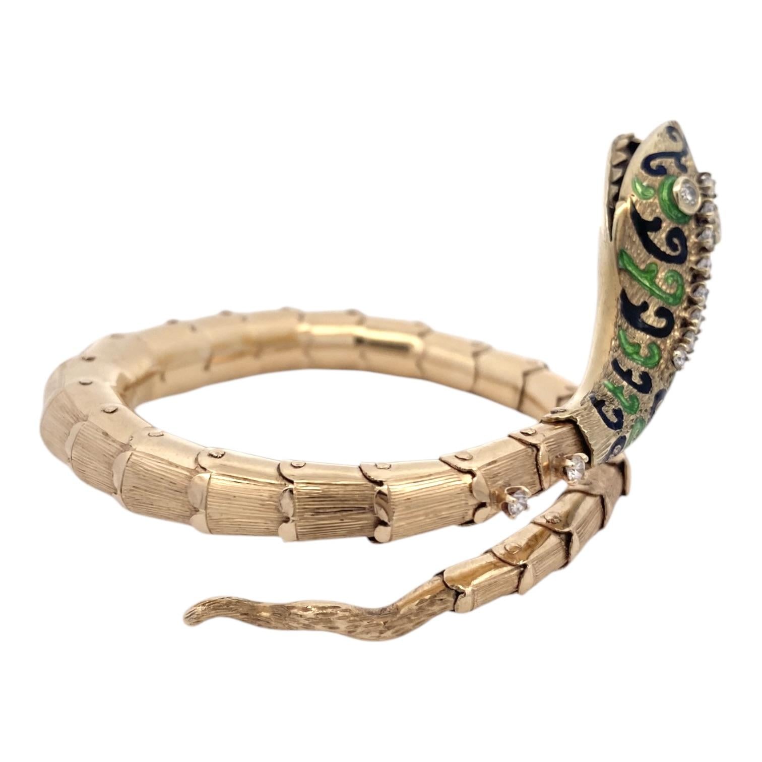 Vintage 14K Enamel & Diamond Articulated Snake Bracelet