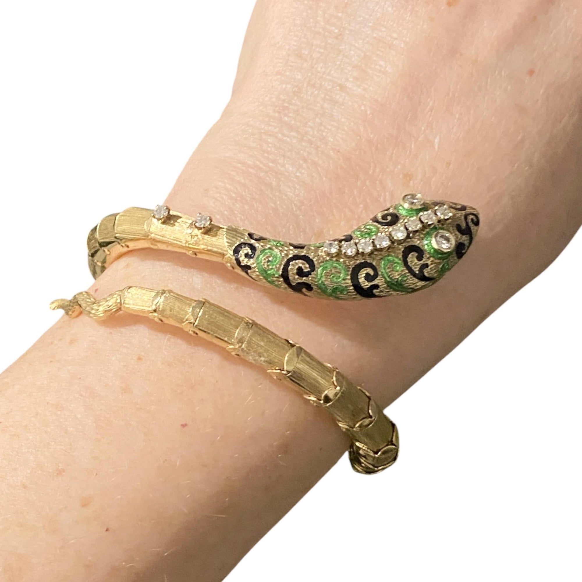 Vintage 14K Enamel & Diamond Articulated Snake Bracelet
