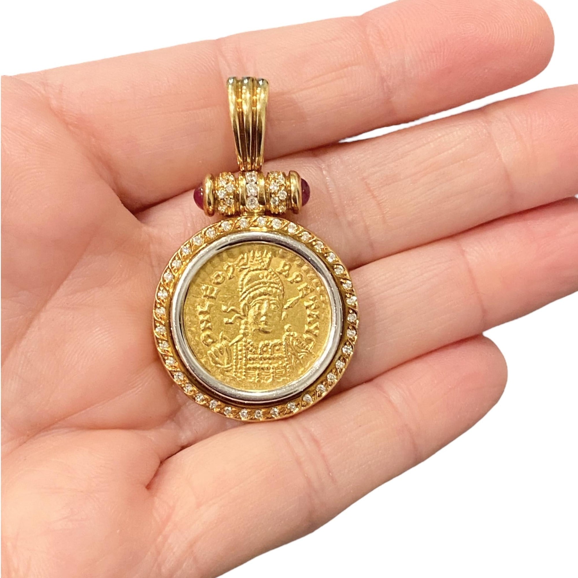 18K Diamond & Ruby Pendant Enhancer with Leo I Gold Solidus Coin