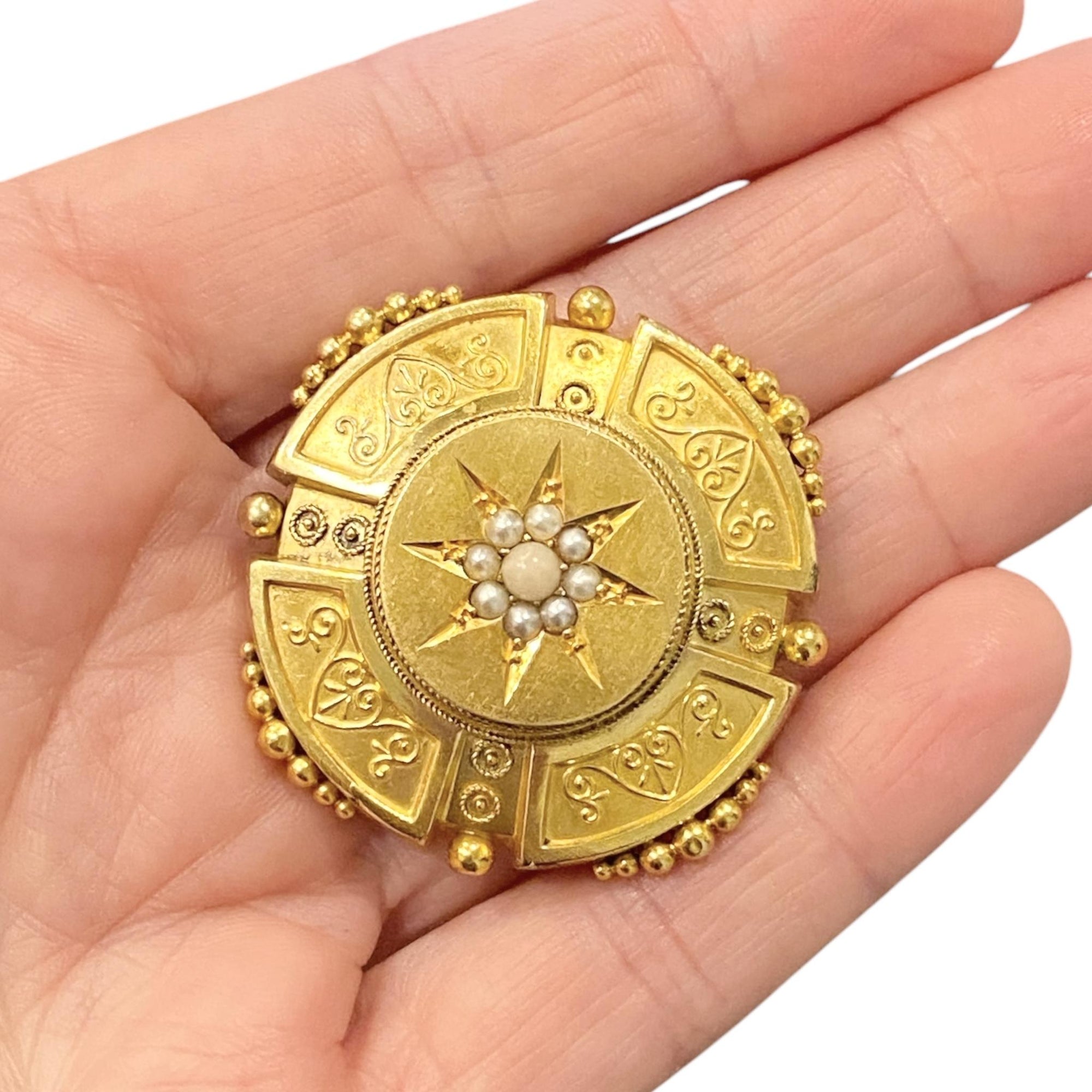 Etruscan Revival Antique 14K Pearl Brooch