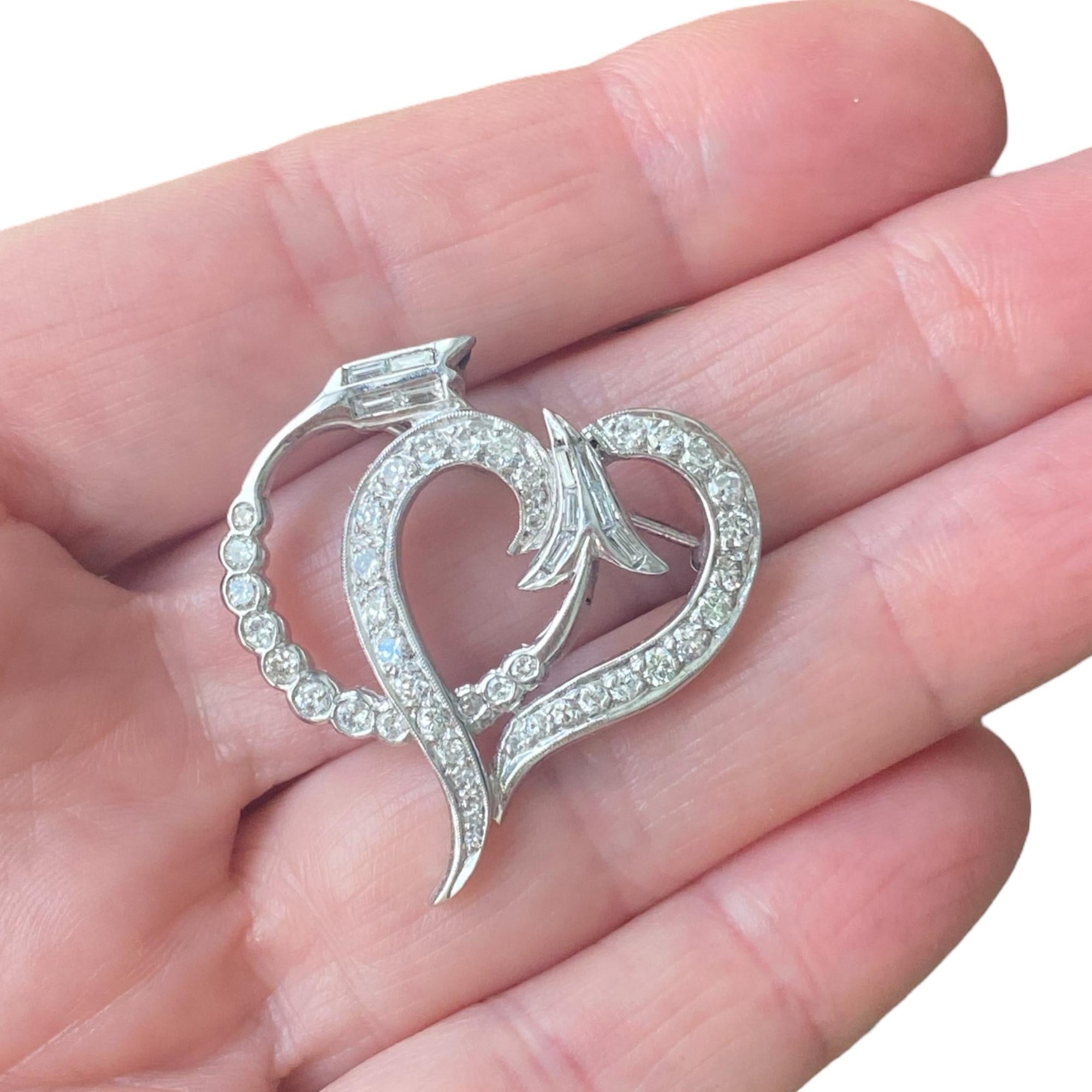 Vintage Platinum Diamond Heart and Arrow Pin Pendant