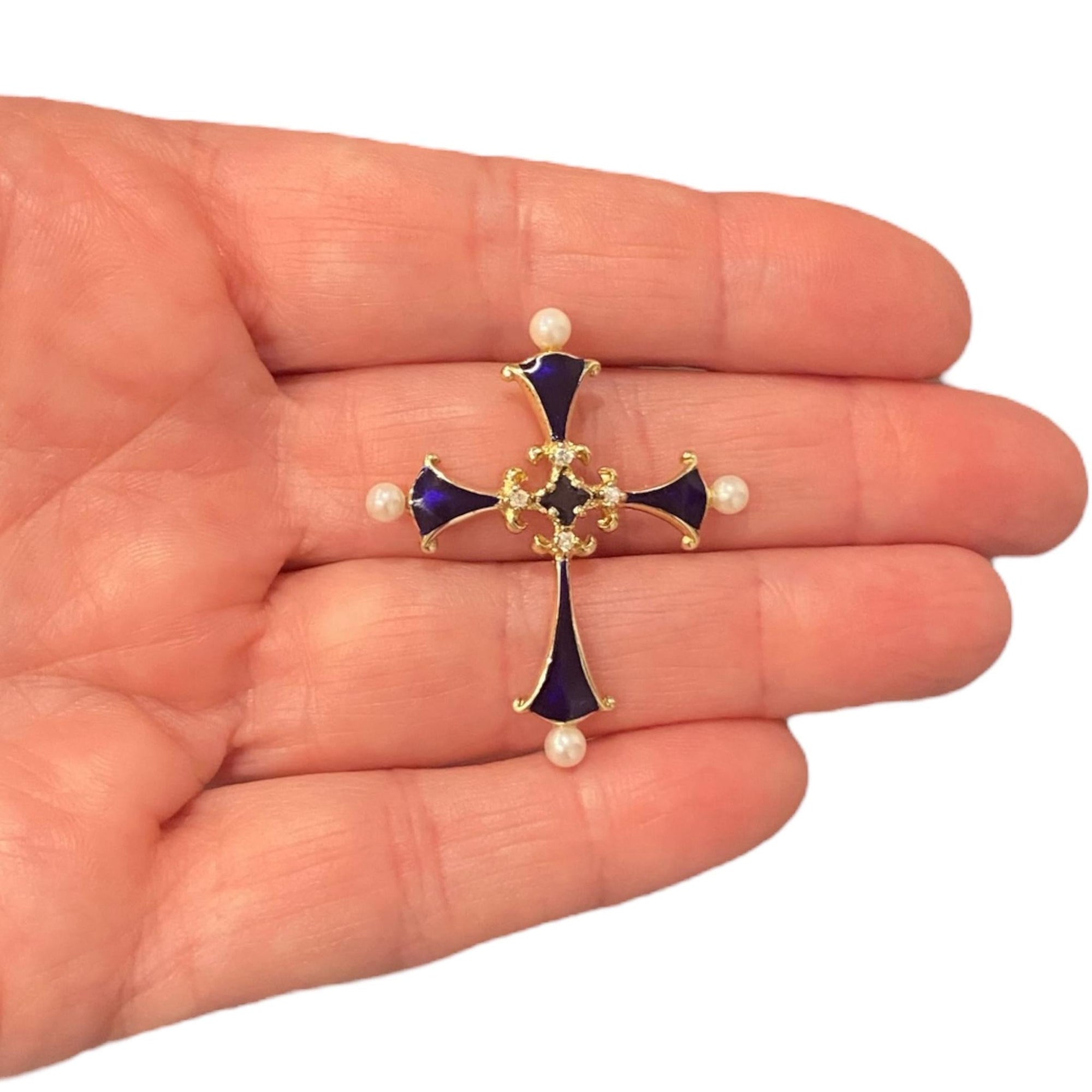 Vintage 14K Sapphire Diamond Pearl Enamel Cross Pendant
