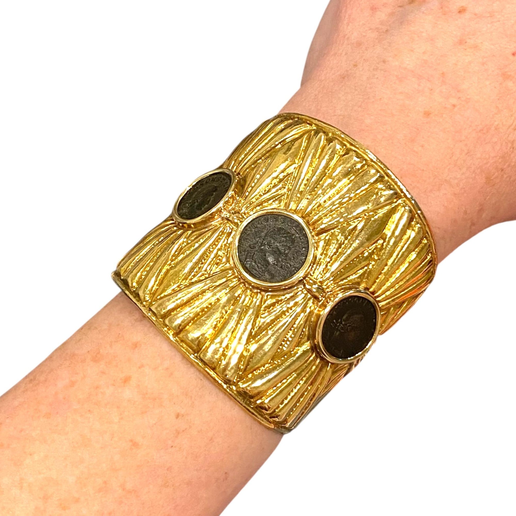 Large 18K Gold Roman Coins Cuff Bracelet