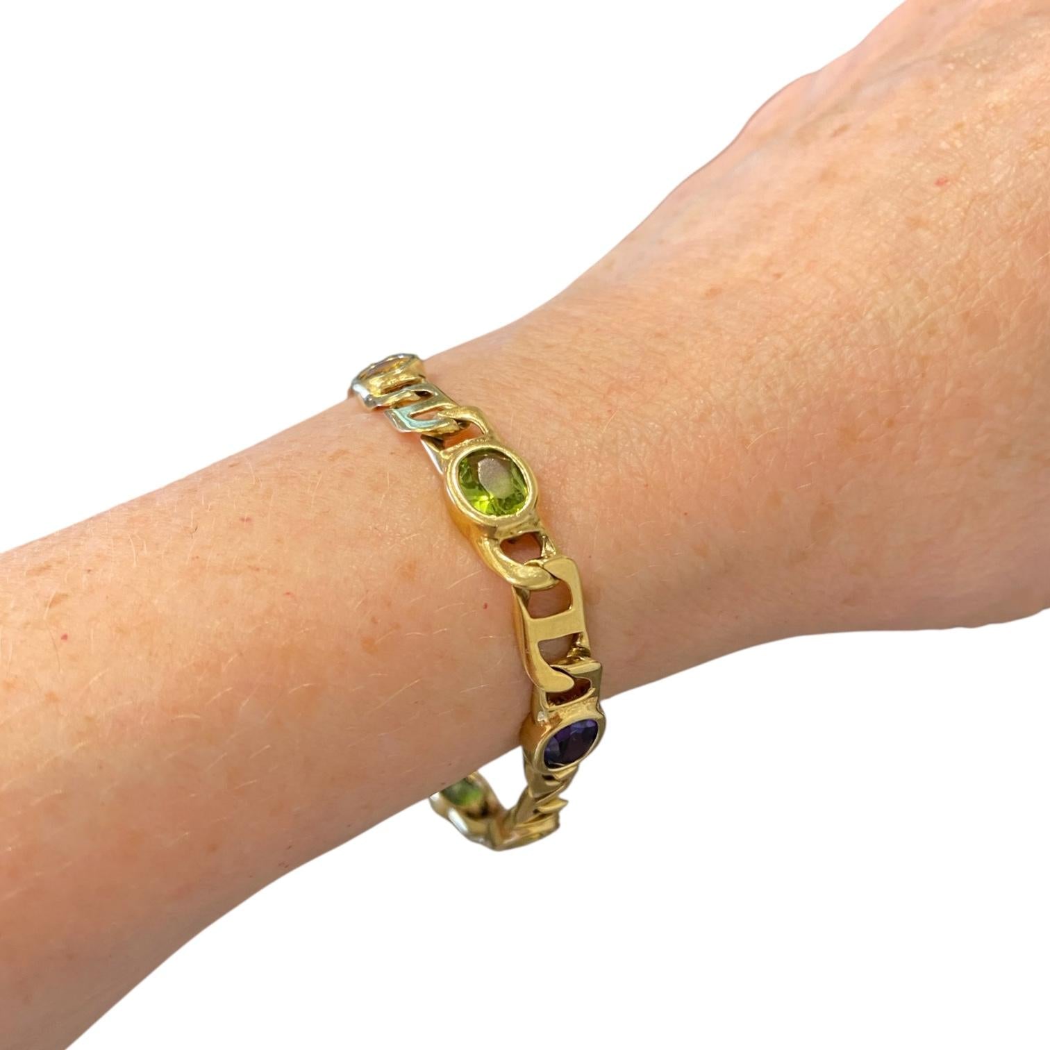 Vintage 14K Gold Multi Gemstone Flat Mariner Links Bracelet