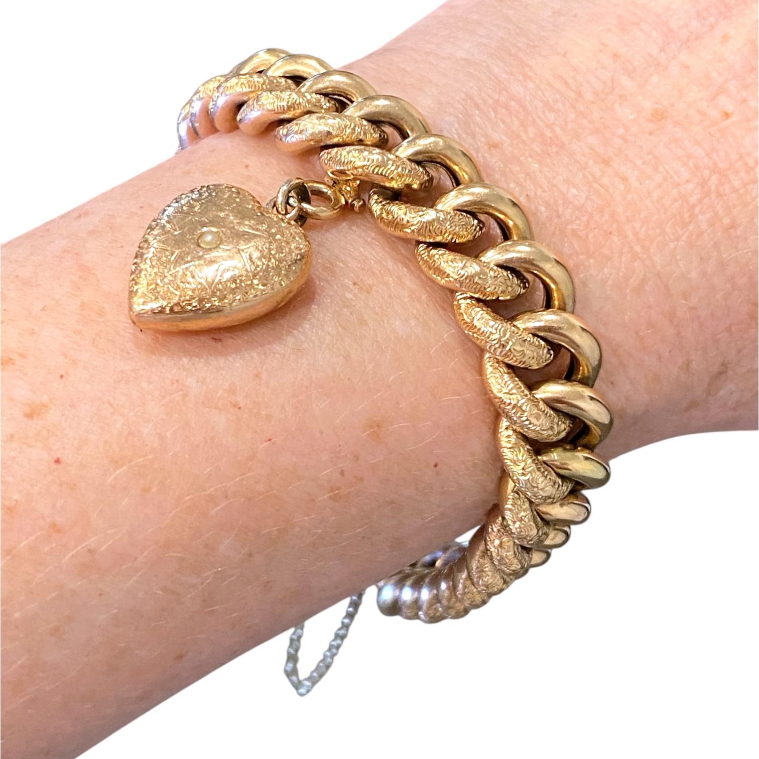 Antique 14K Rose Gold Curb-Link Heart Charm Bracelet