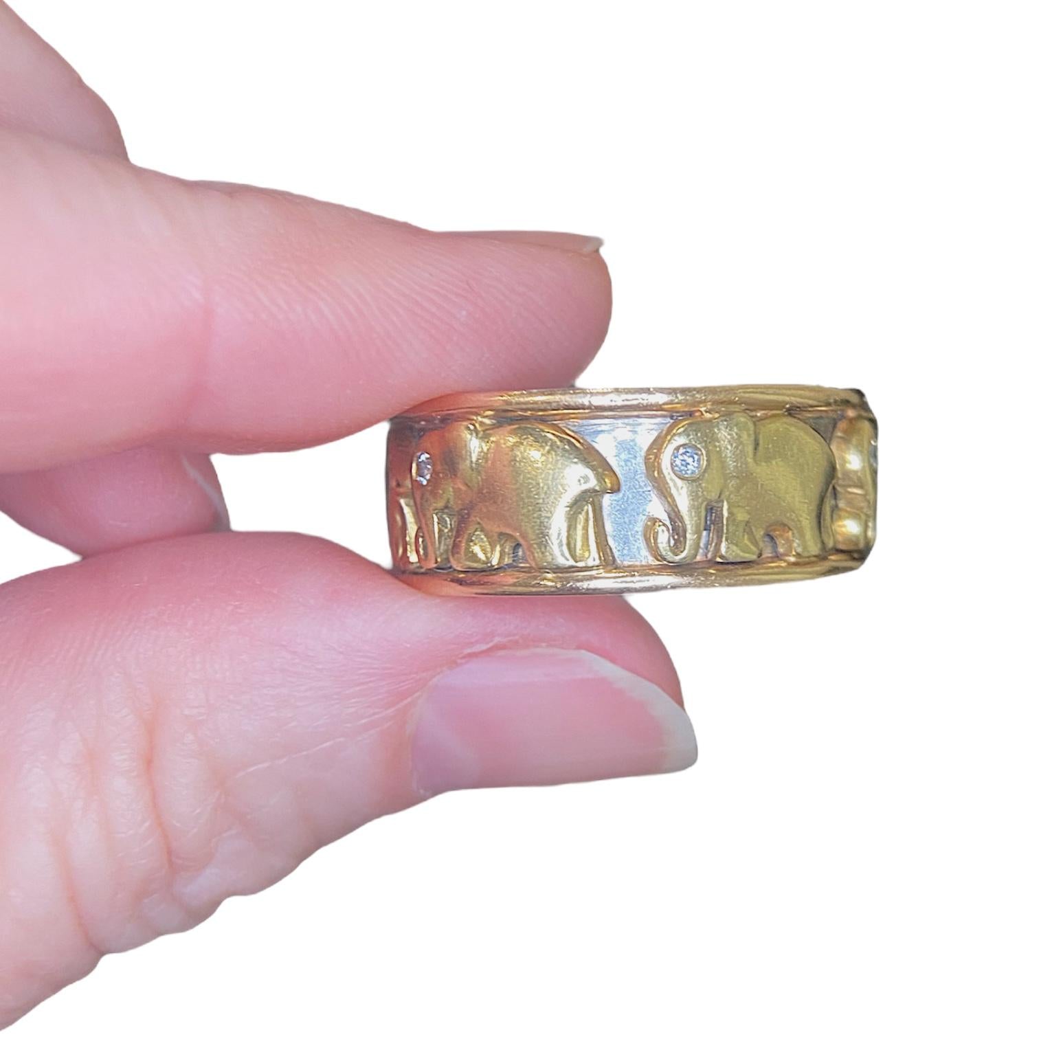 Vintage 18K Gold Elephant Band with Diamonds Size 12